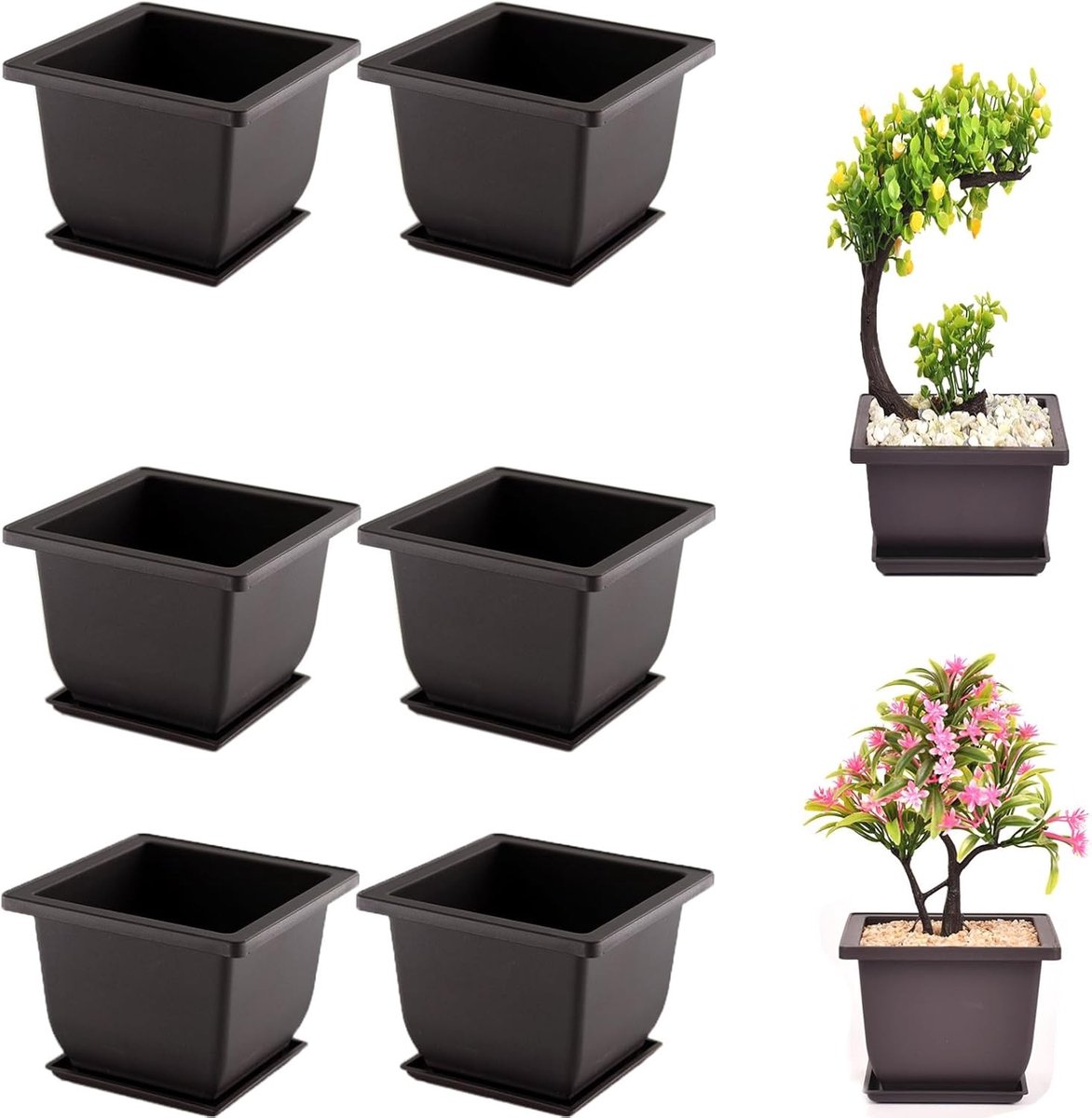 Bonsai Training Pot Set met Tray - Plastic Potten voor Groeien van Bonsai, Zaailingen en Vetplanten in Tuin, Balkon of Woonkamer (Vierkant)