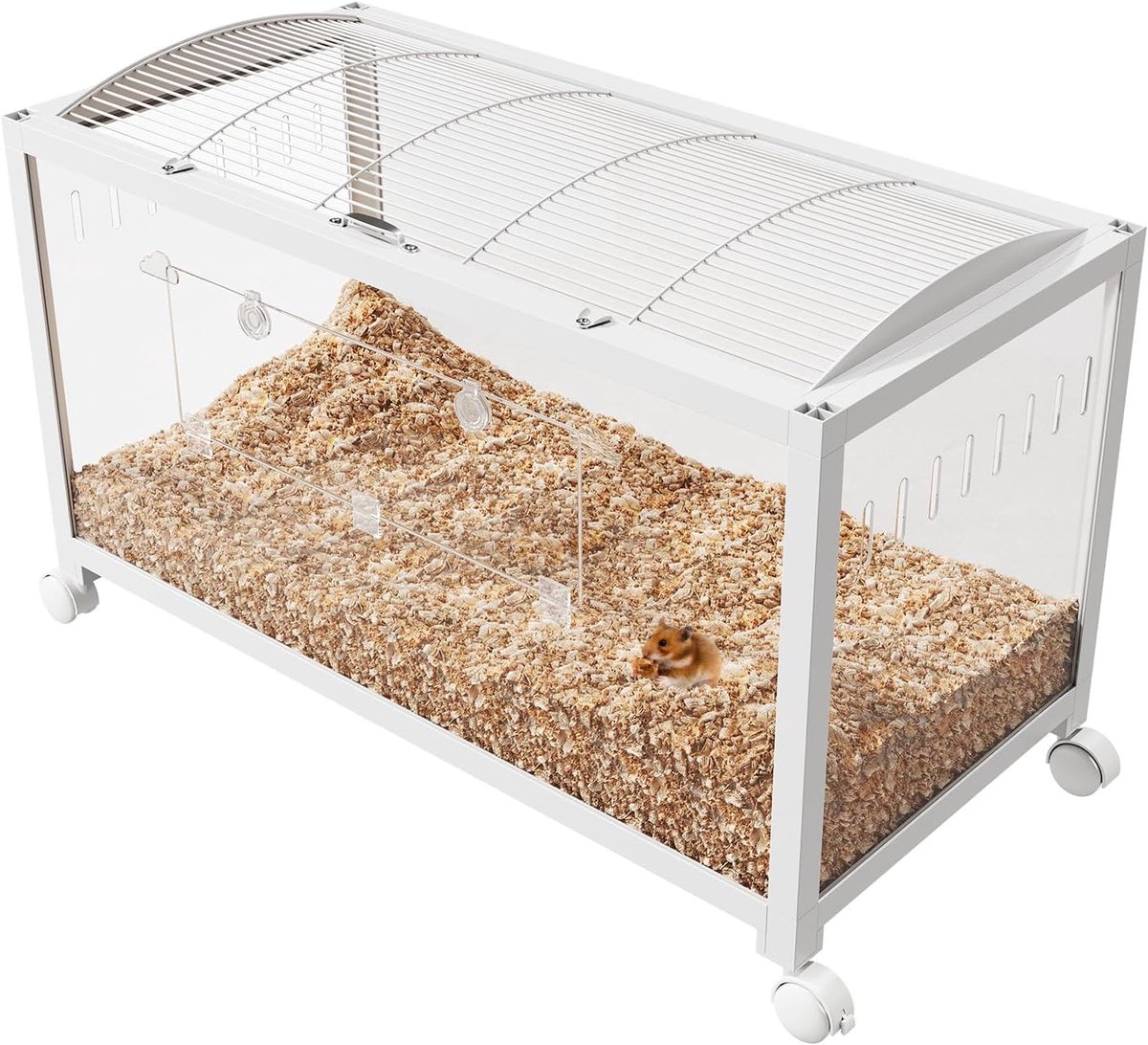 Hamsterkooi stapelbaar met wieltjes, acryl, metalen kooien voor kleine dieren, toegang van bovenaf, geventileerd met deur, geschikt voor hamsters, muizen en cavia’s, wit, 96 x 47 x 50 cm