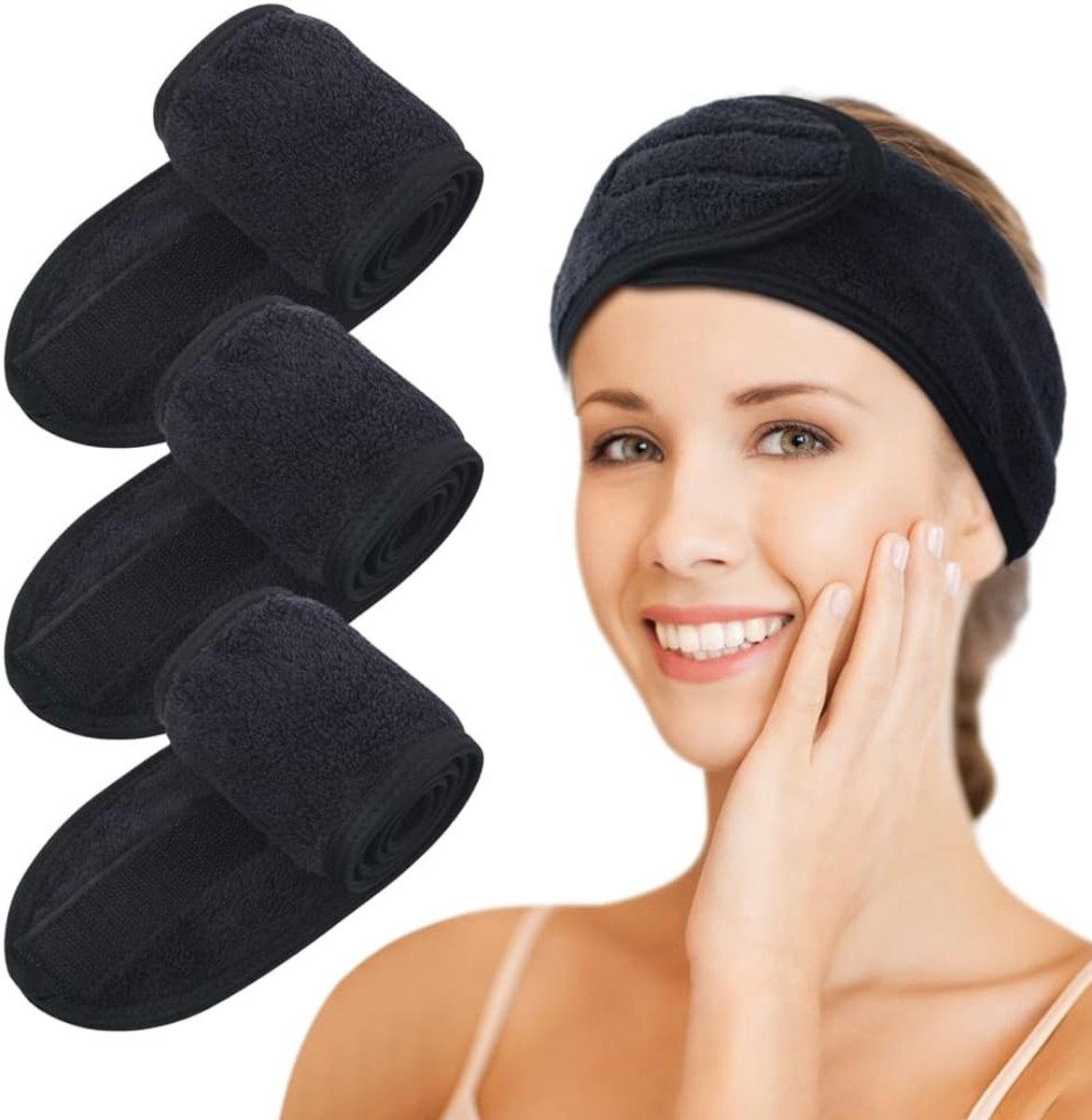 Verstelbare anti-slip microvezel haarbanden voor make-up, yoga en sport - 3-pack zwart