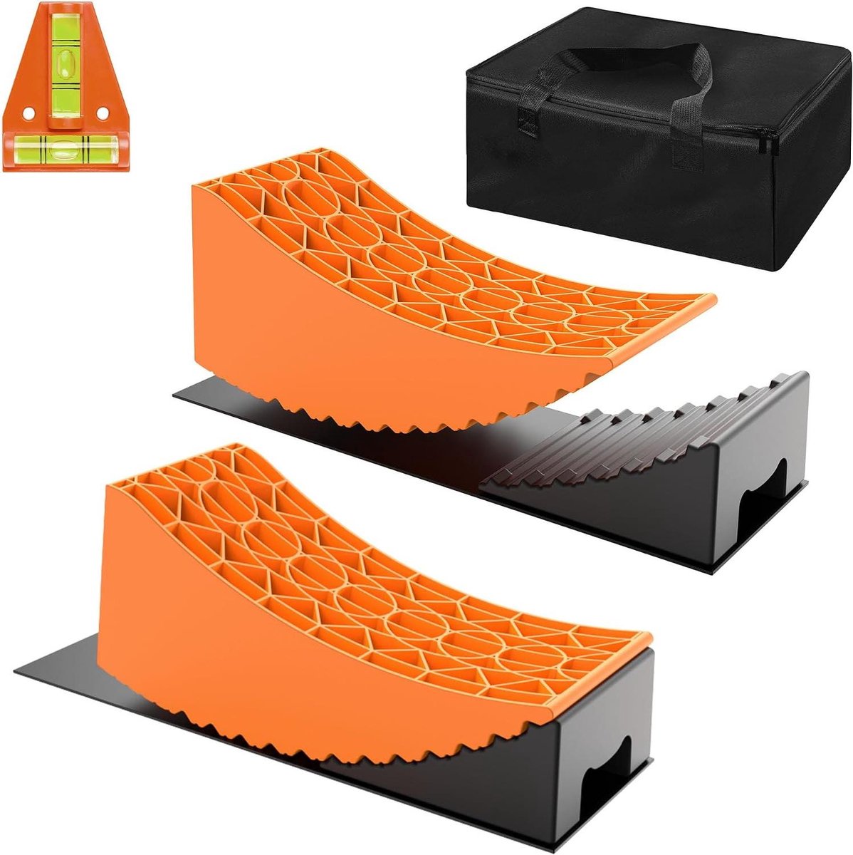Oprijblokken Camper Set - Wielkeg Caravan - Voertuig Stabiliseren - Compleet met Matten - 425 cm Lengte - Rood Zwart