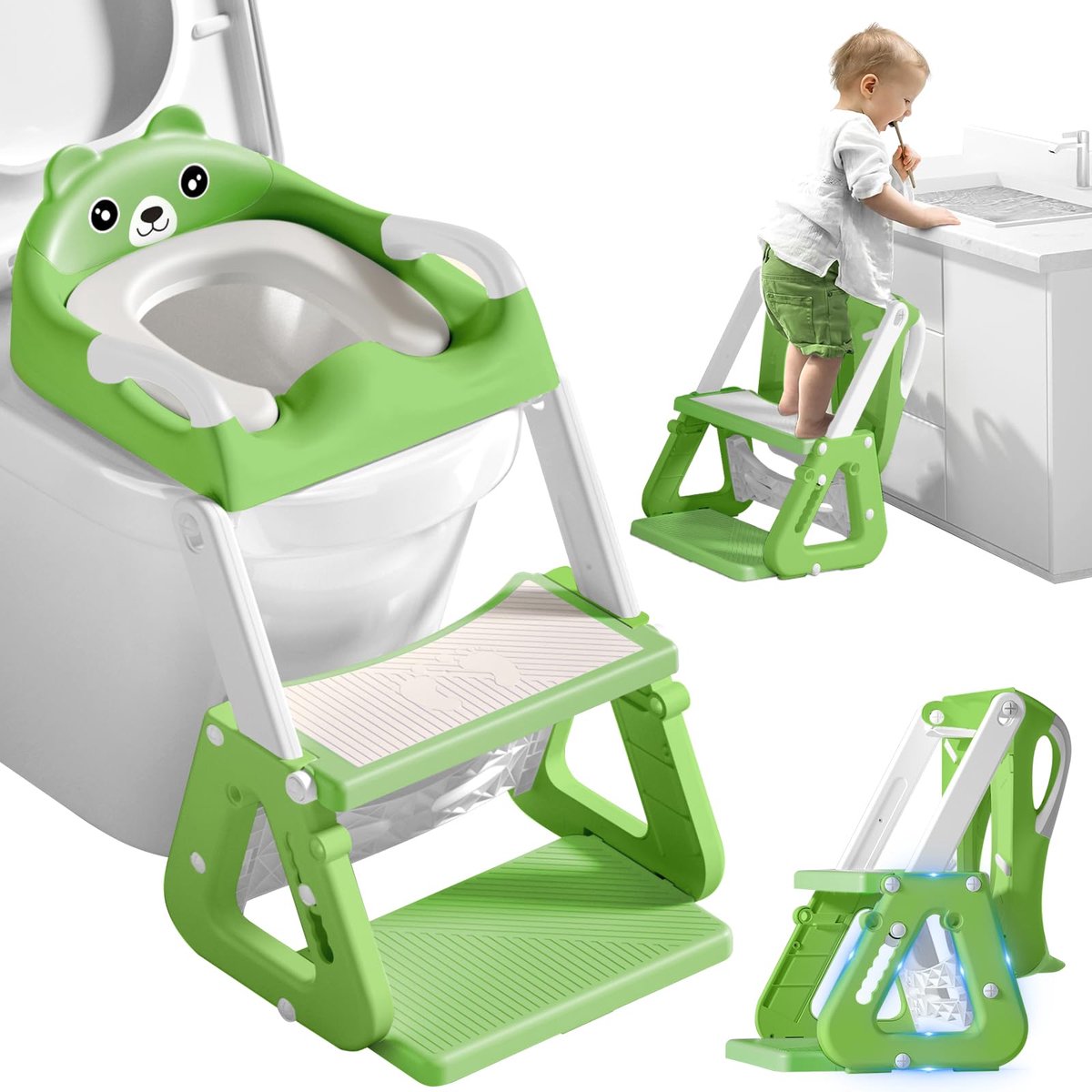 SnelShoppen - Toiletbril voor Kinderen met Ladder, Zachte Gevoerde Zitting, Geavanceerde Spatbescherming, Opvouwbaar, Antislip, Geschikt voor V-vormig