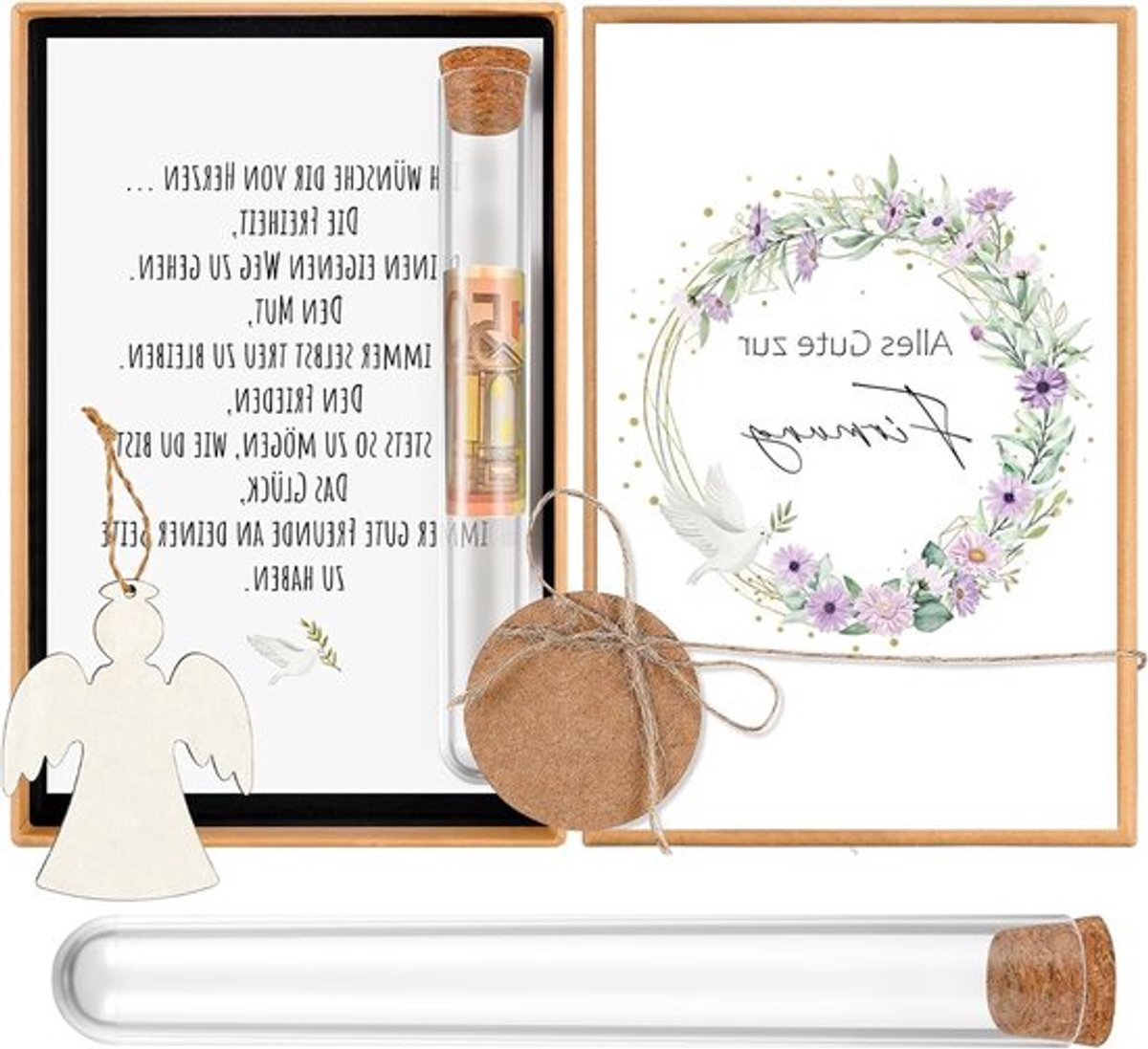 Bevestigingscadeaus voor Meisjes en Jongens met Reageerbuisje en Houten Engeltje - Perfect voor Geldcadeaus en Cadeaubonnen