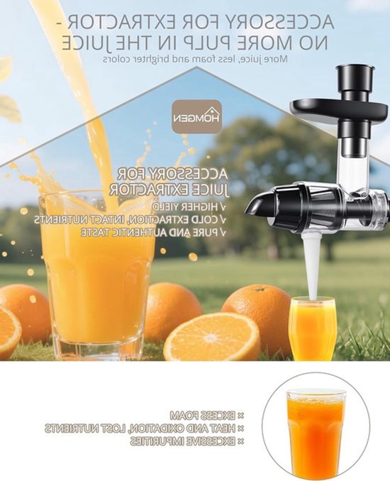 Kauwende Juicer Accessoire voor Keukenmachine - Slow Juicer voor Sap en Pulp - Koudpersen en Citrus Extractie Accessoire — afbeelding 3