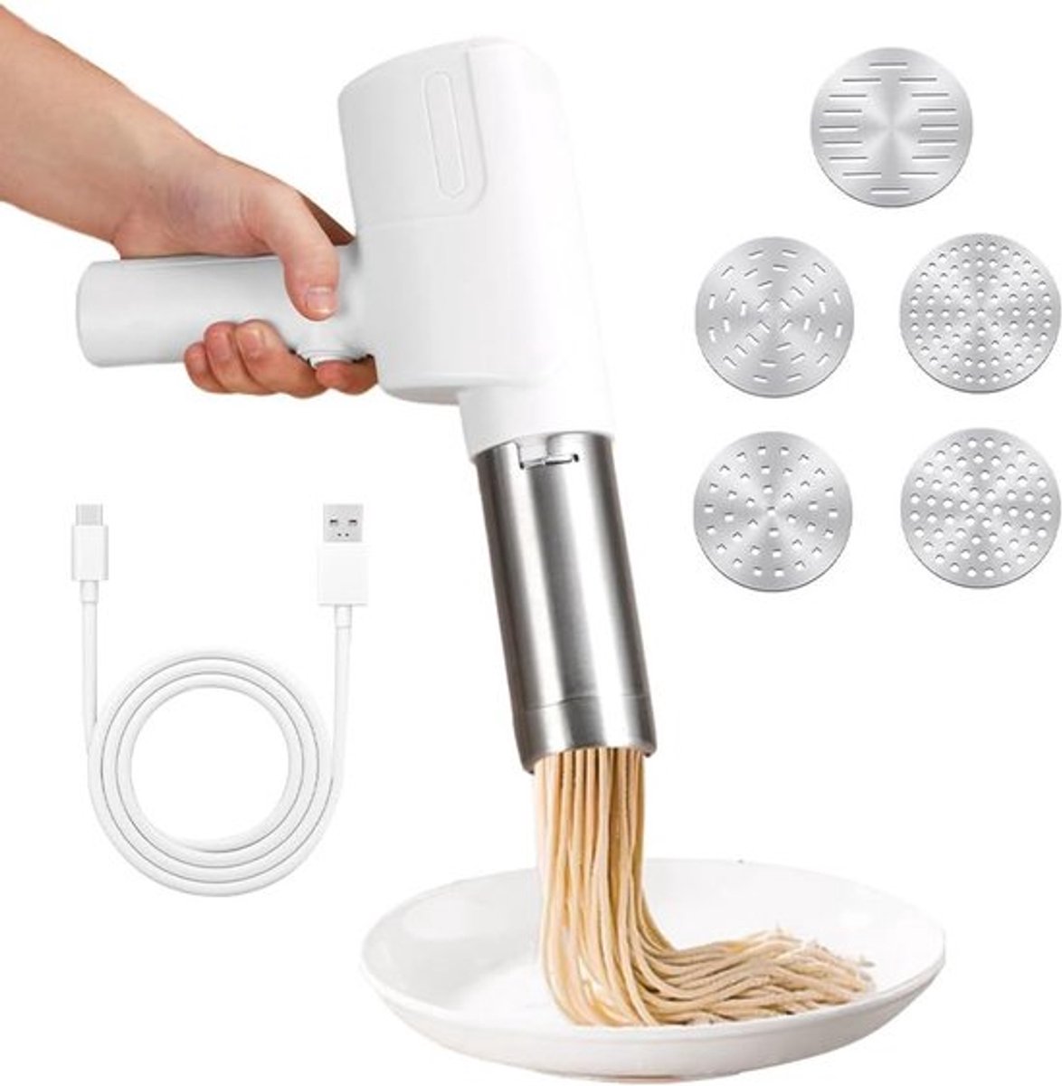 Draagbare Elektrische Pastamaker met 2000 mAh, Automatisch Oplaadbaar en 5 Mallen voor Thuisgemaakte Pasta en Spaghetti