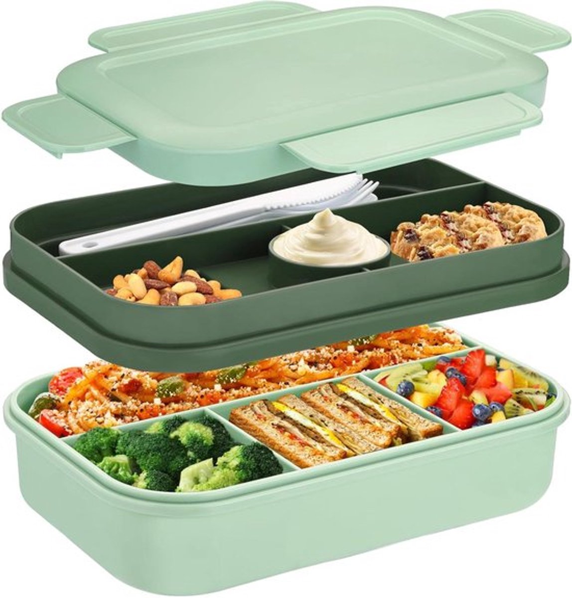 Bento Lunchbox voor Volwassenen - 2000ml - Broodtrommel met Vakken en Bestek - Geschikt voor Sandwiches en Snacks