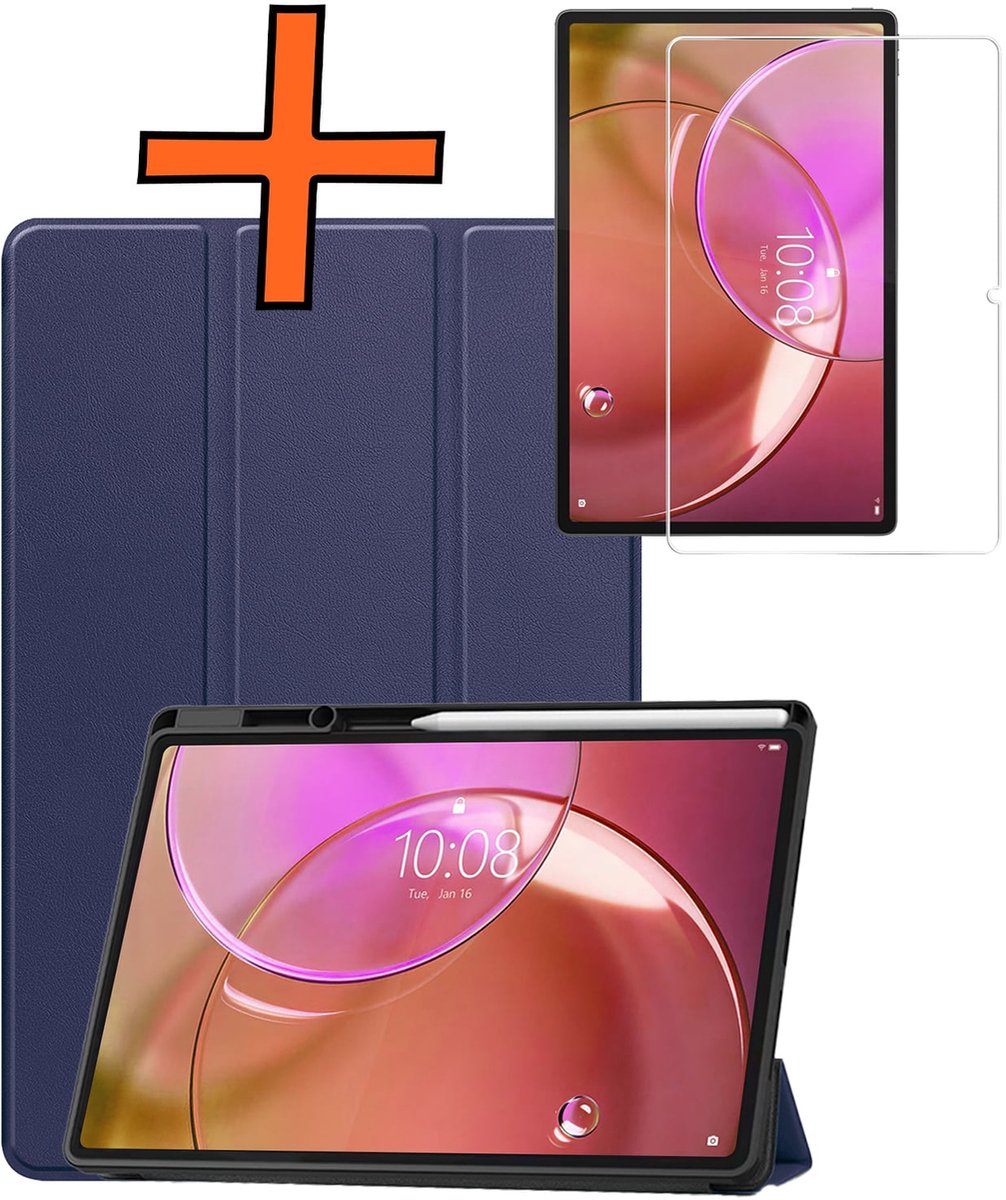 Hoesje - Geschikt voor Lenovo Idea Tab Pro Gen 2 - Met Screenprotector - Trifold Bookcase - Hard Cover Case - Met Uitsparing Geschikt voor Lenovo Pen - Hardcover Book - Tablet Hoes - Donkerblauw