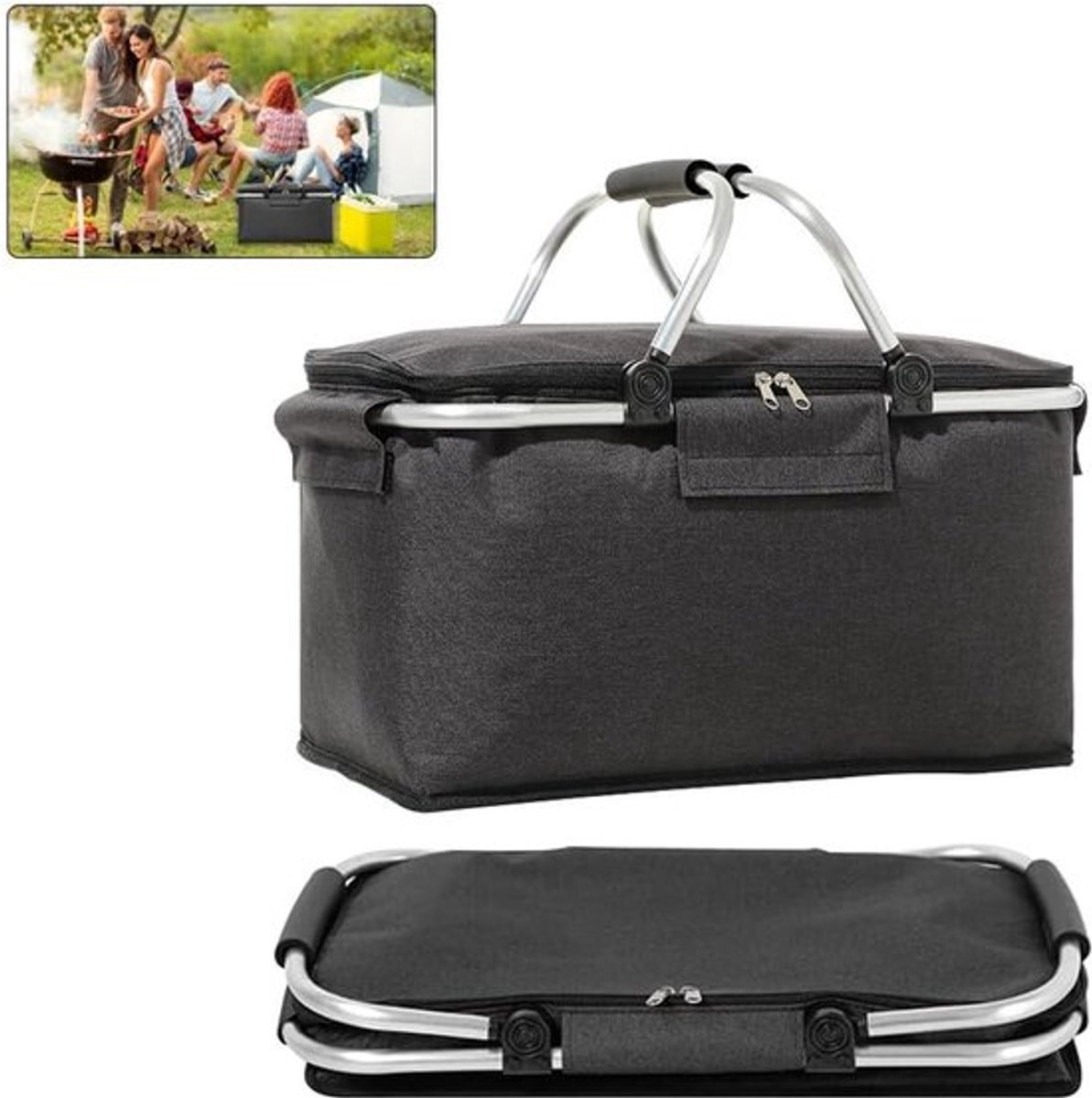 Vouwbare Winkelmand - 18 Liter Thermische Picknickmand met Deksel, Aluminium Stangen, Handvatten en Rits - Ideaal voor Boodschappen en Picknicks