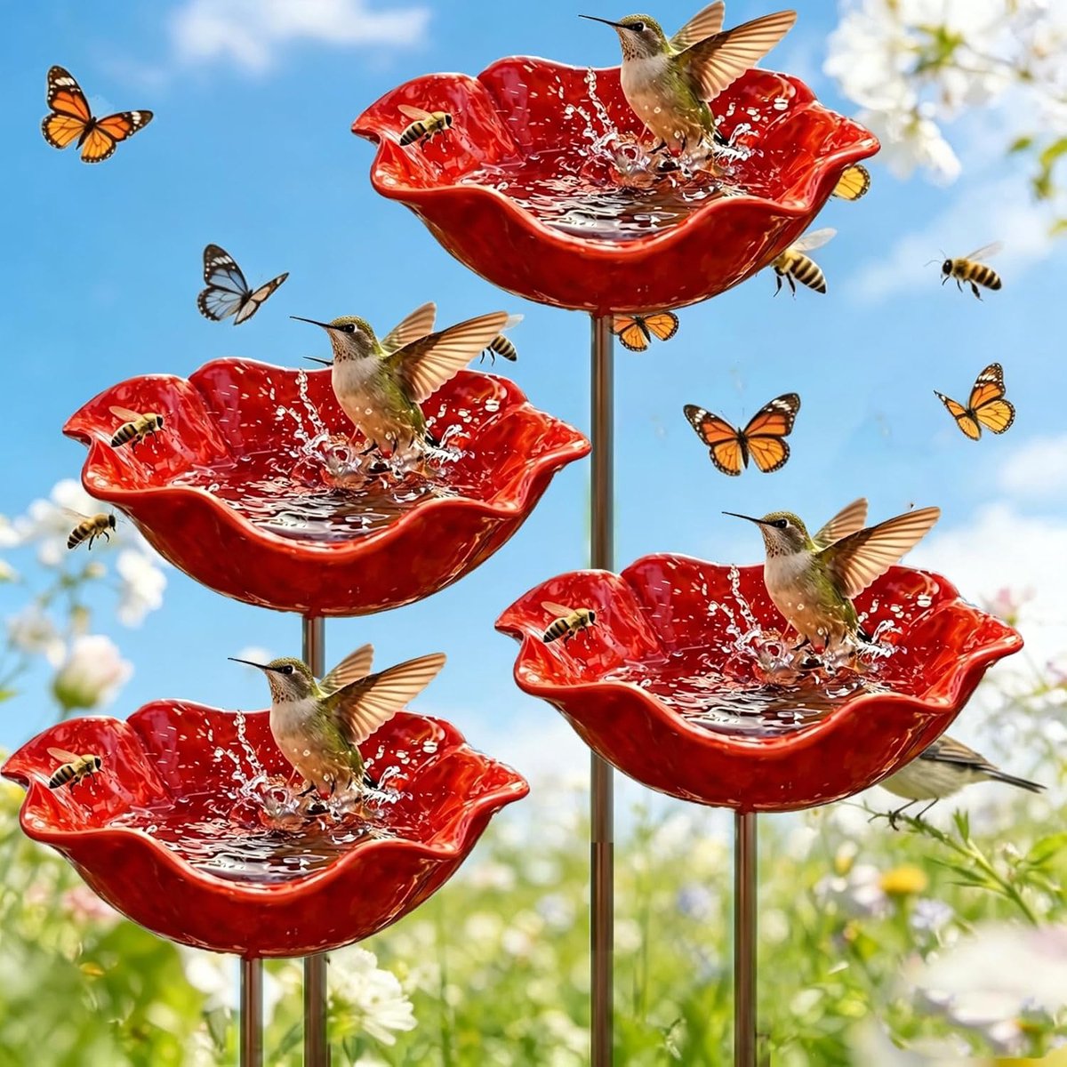 KZQ Metalen Bloem Tuinpaal - 4 Stuks - Met Vogeldrinkbak & Bijenwaterbak - Insectenhotel - Tuinaccessoires - Bloemontwerp - Voor Buiten Tuin Decoratie - Rood