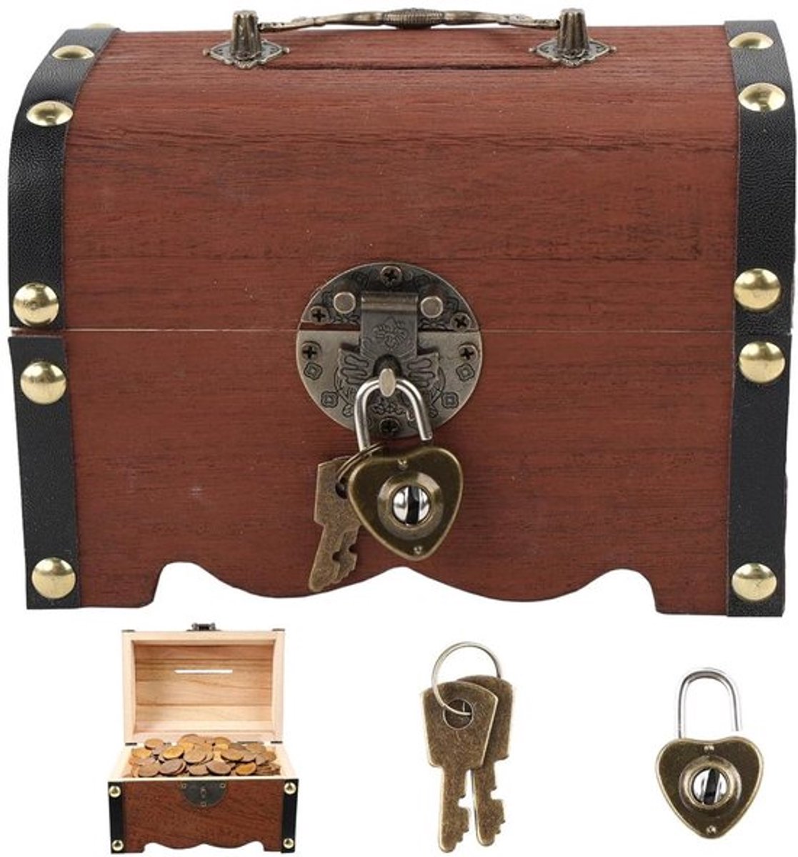 Schatkist Antiek - Houten Opbergdoos met Combinatieslot - Piratenkist - Vintage Schatkist - 14.5 x 10 x 10 cm - Handgemaakt