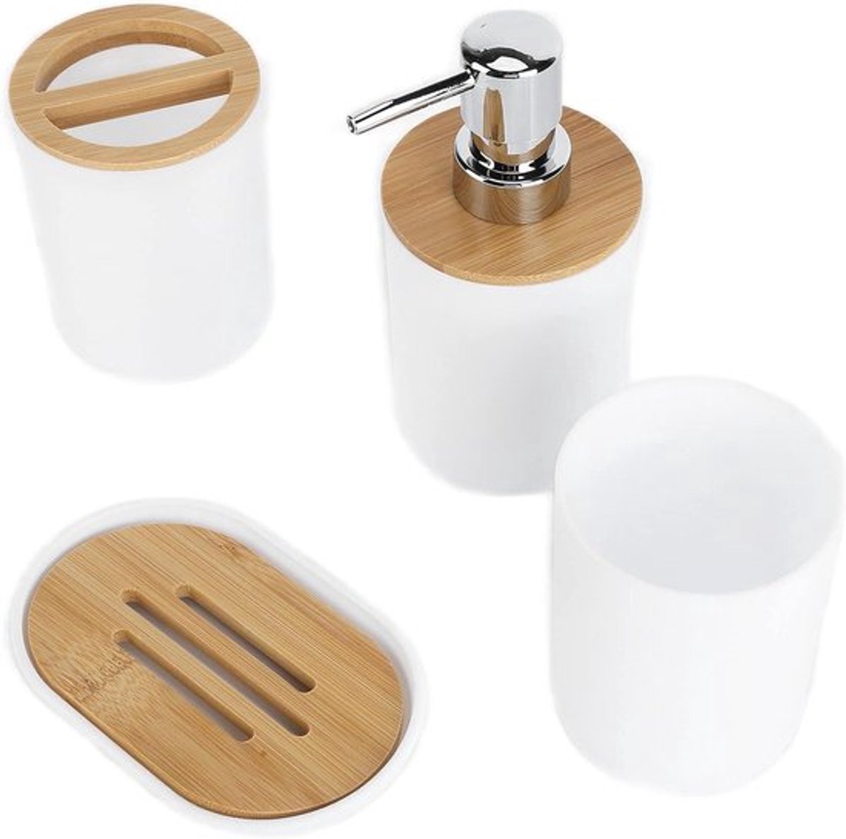 Complete badkameraccessoires set 4-delig - Tandenborstelhouder, zeepbakje, lotiondispenser en beker - Plastic en bamboe - Wit - Badkamer accessoires - Badkamerset - Praktisch en stijlvol - Modern design.