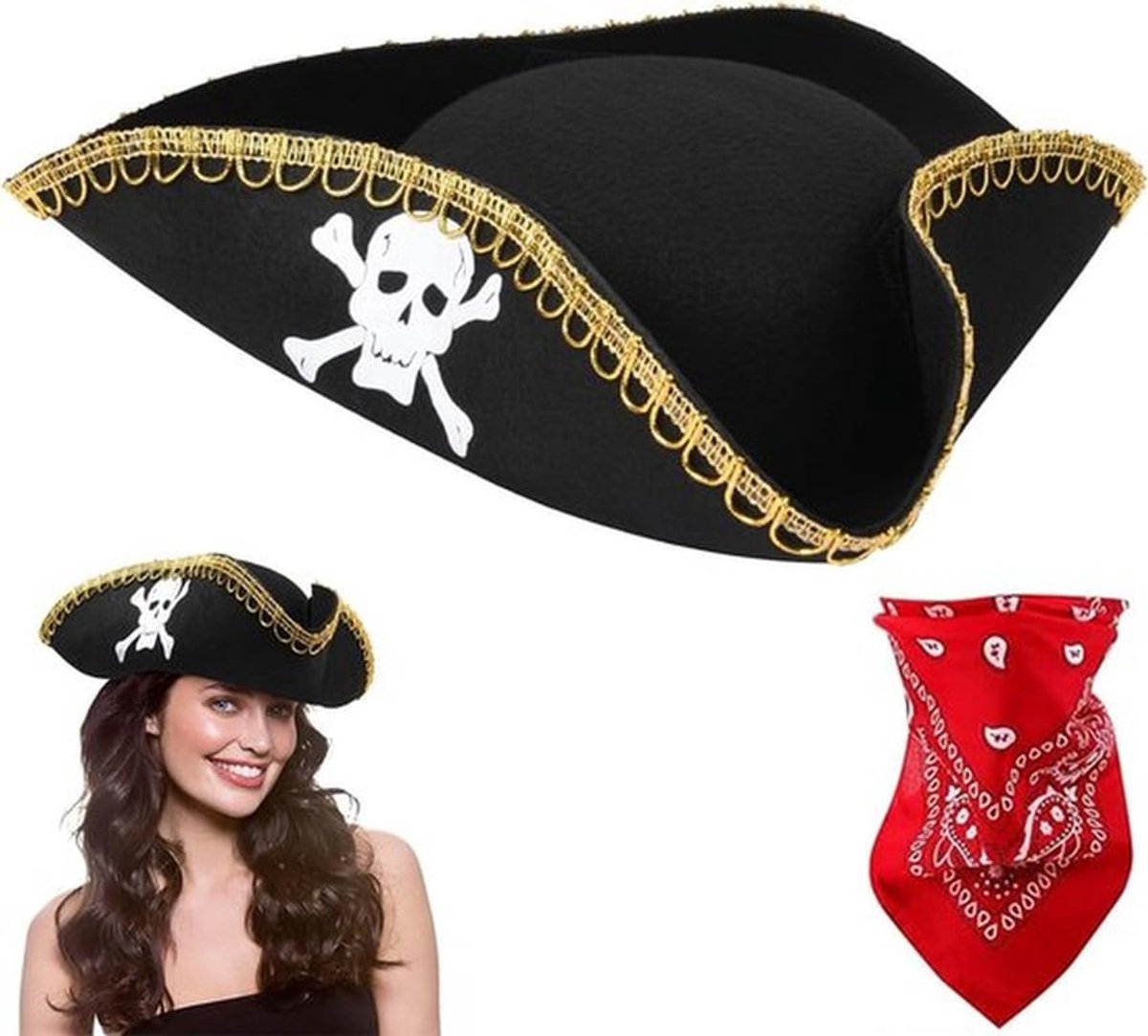 Piratenhoed van faux leer met drie punten, perfecte kostuumaccessoires voor carnaval, Halloween en themafeesten