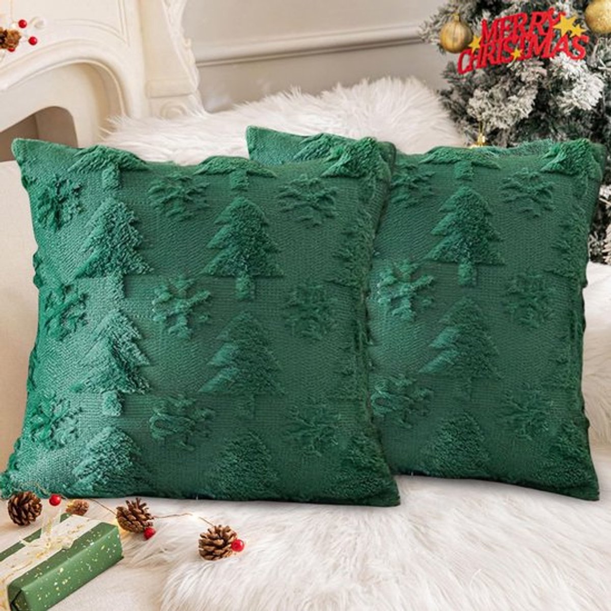 Kussensloop Set van 2 - 45x45 cm - Kerstmis - Kerstboompatroon/Rendier - Onzichtbare Ritssluiting - Zacht en Comfortabel - Kussenhoes