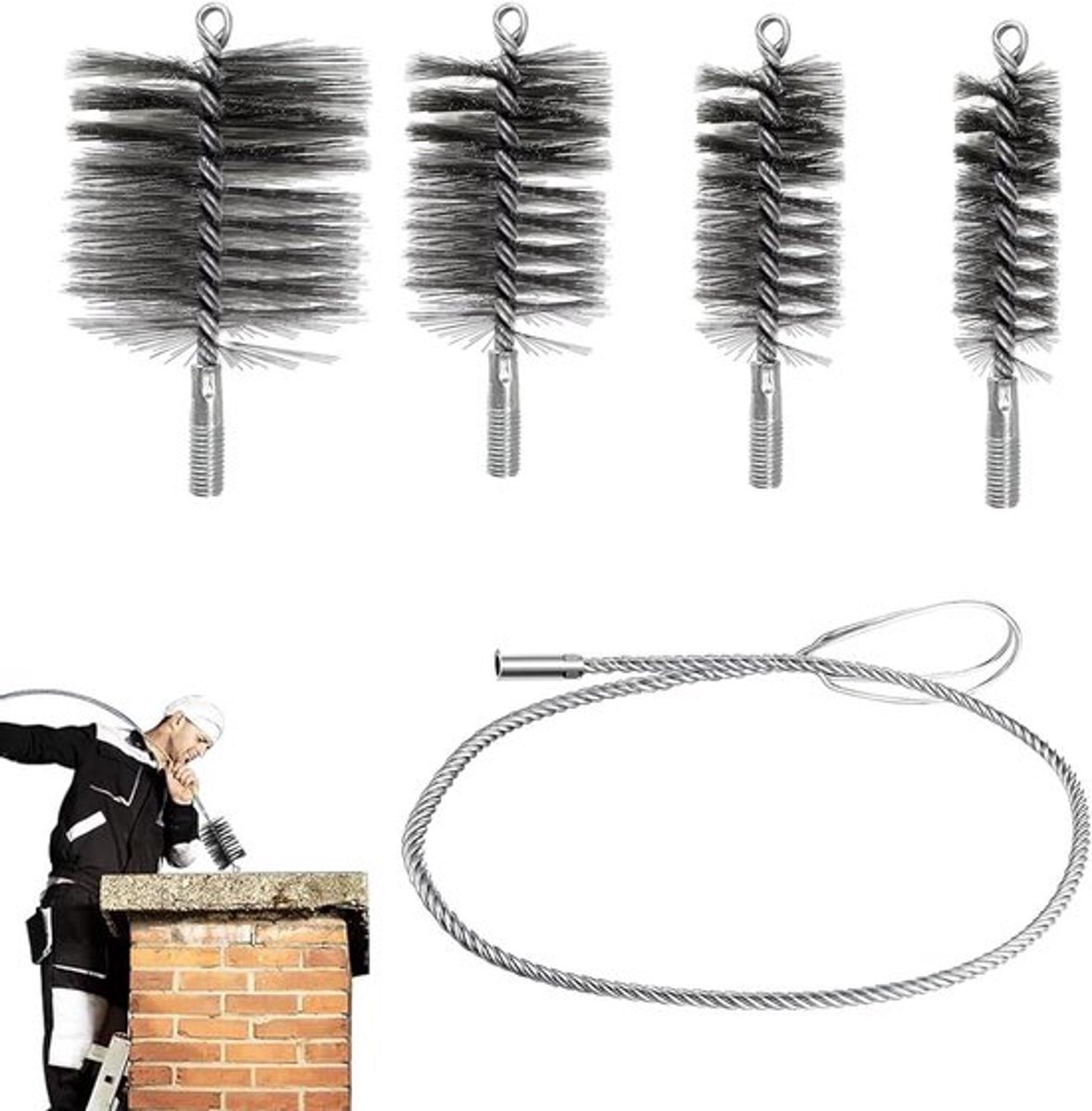Set van 5 Schoonmaakborstels voor Kachelpijpen, Schoorsteen, Ketel en Open Haard - Ideaal voor Effectieve Reiniging en Onderhoud