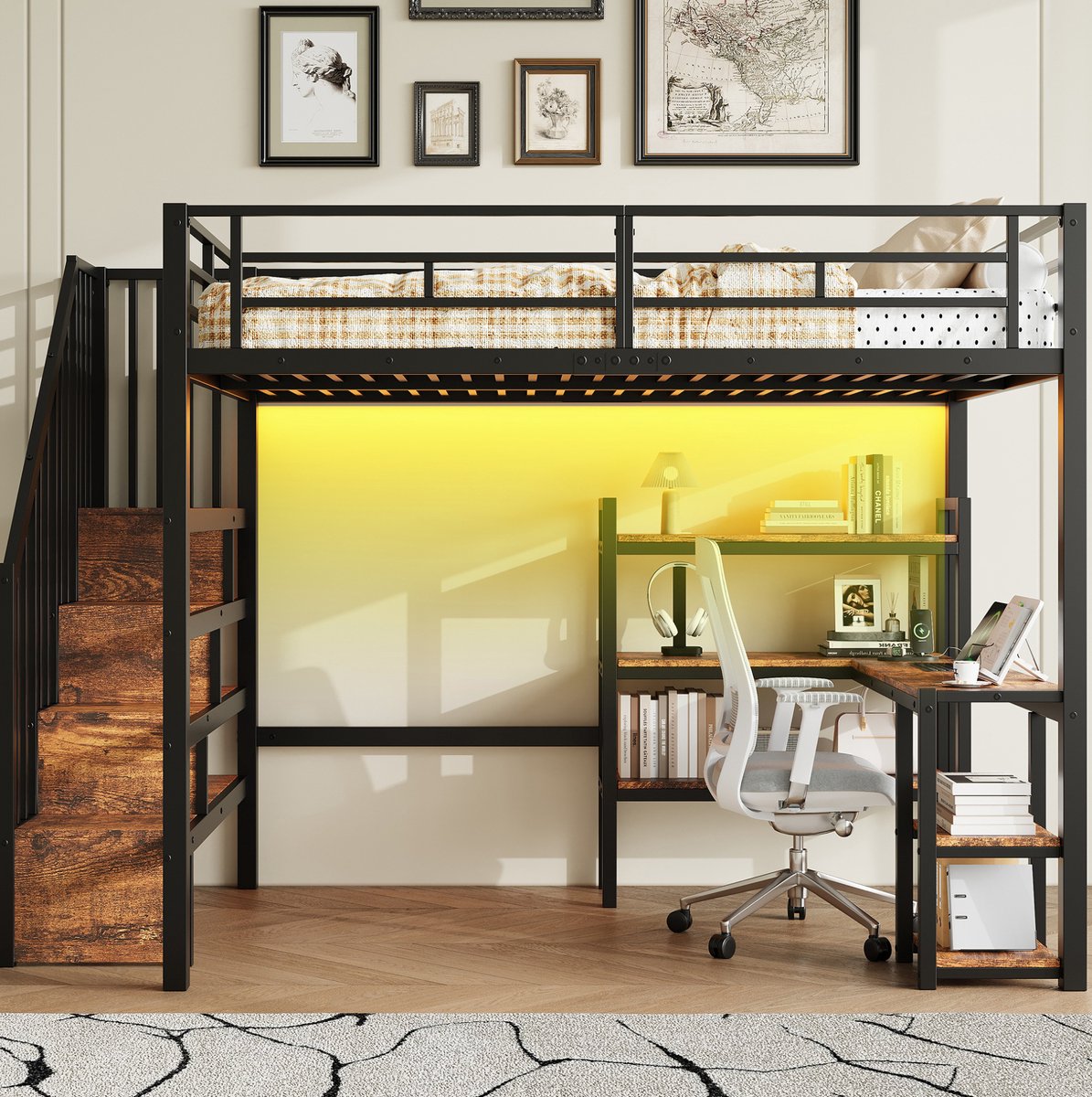 DESMIU Hoogslaper 140x200cm – Met Bureau, Trap, Opbergvakken, USB-Laadstation En LED-Verlichting – Zonder Matras – Metaal – Zwart