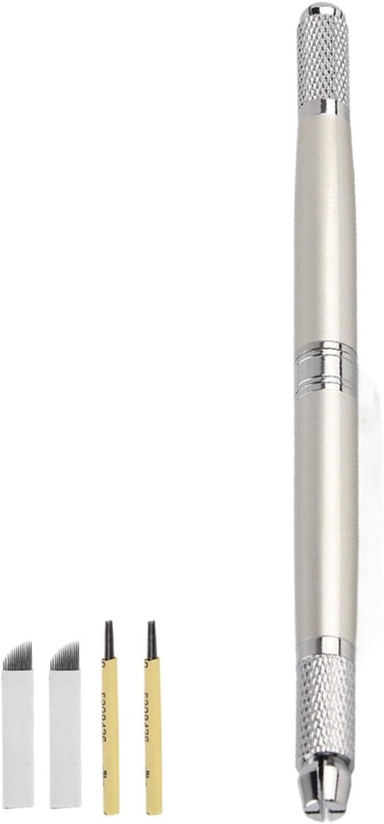 Professionele Microblading Tattoo Pen voor Perfecte Wenkbrauwen, RVS, Dubbelzijdig, Inclusief 2 PCD 14 Pins en 2 Ronde Naalden voor Duurzaam Make-up Resultaat