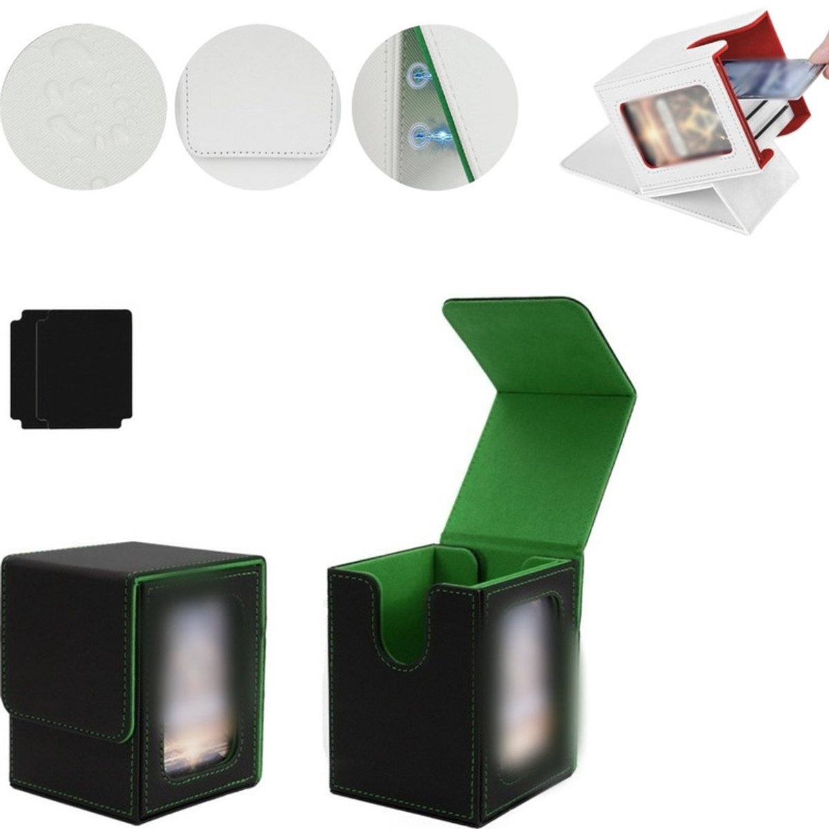 Kaartenopbergdoos – Magnetische TCG-displaydoos – Geschikt voor 100 kaarten met dubbele sleeves – Verticale deckbox van PU-leer – Verzameldoos met kijkvenster – 8,5 x 9,5 x 11,2 cm