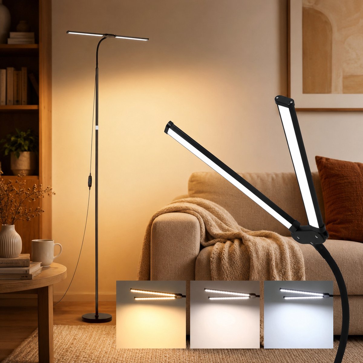 Lapamax LED Vloerlamp met Dubbele Lampkop - Dimbare Leeslamp met 3 Kleurtemperaturen - Flexibele Zwanenhals en Verstelbare Hoogte - Zwart