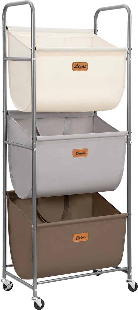 SnelShoppen - 120L Verticale Rollende Wasmand met 3 Secties, Wassen Sorteren, Wielen en 2 Pauzes, Veelkleurige 3-Laags Wasmand voor Kleine Ruimtes, Sl