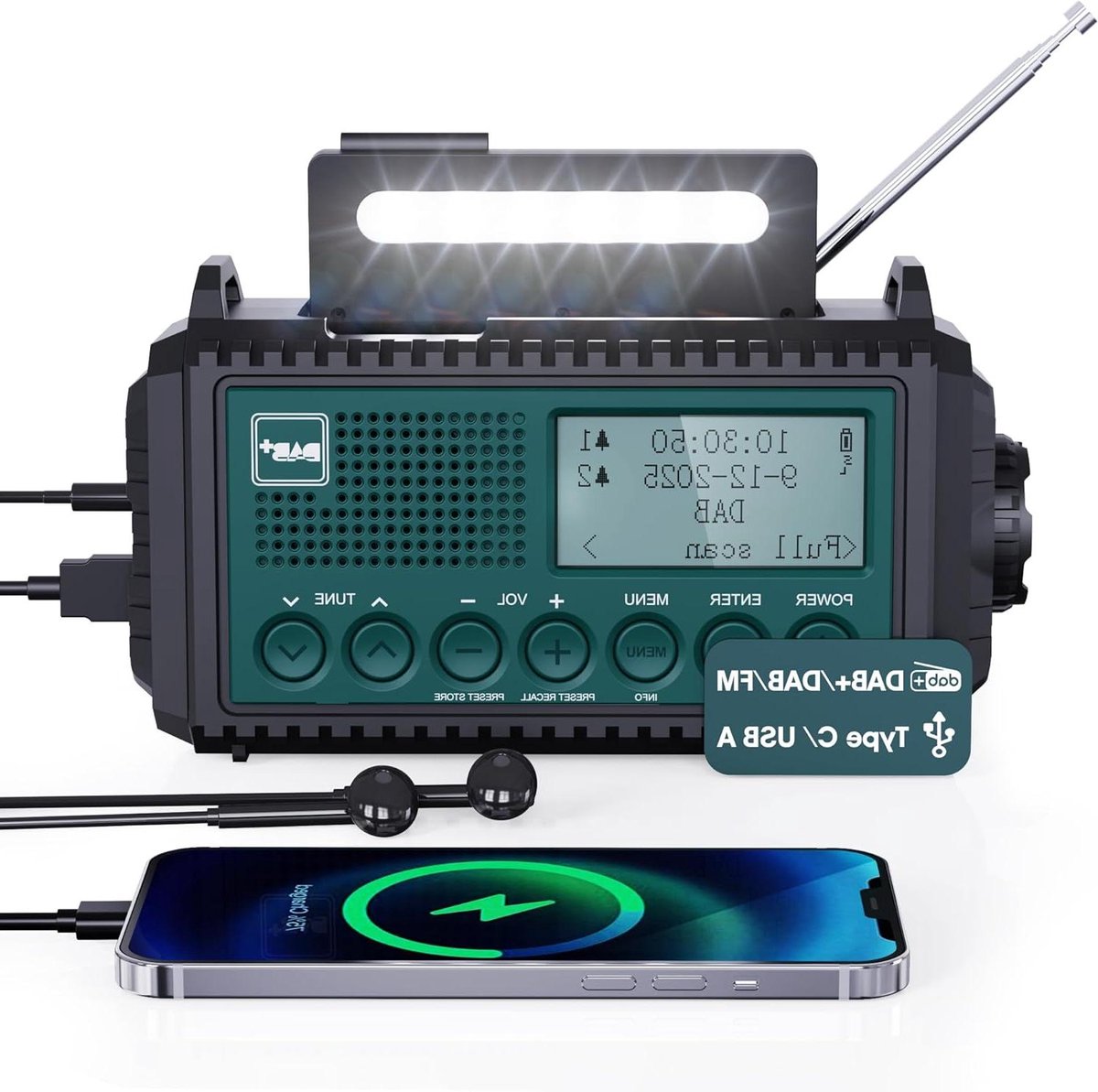 Draagbare Radio - Noodradio Outdoor - Kamperen Muziek - Vijf Laadmethoden - 5000mAh Batterij - Blauwgroen