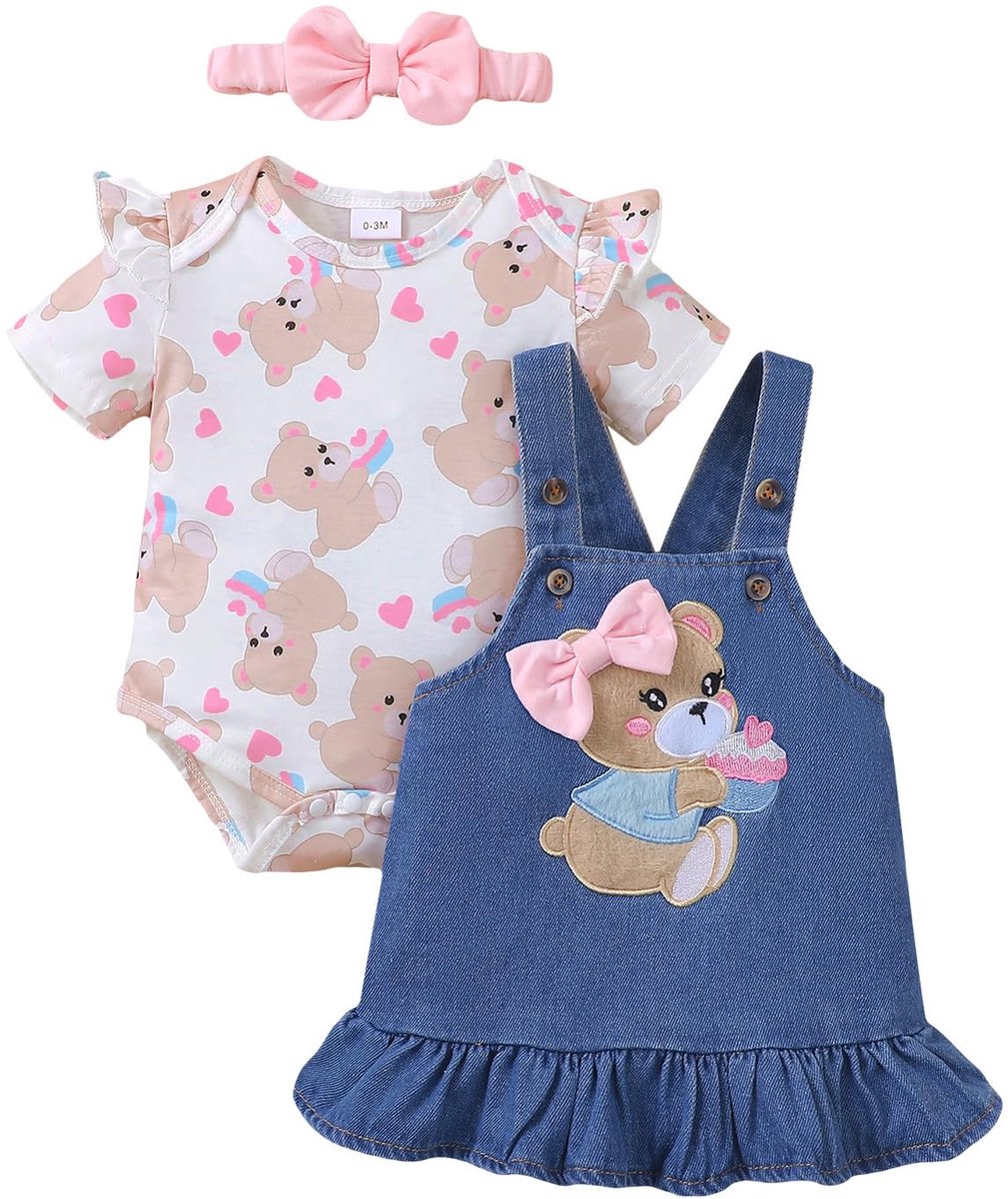 SnelShoppen - Babyoutfits Meisjes Hartprint Korte Mouwen Romper Bretelrok Berenjurk Strik Hoofdband 0-18 Maanden Roze Bloemen 6-12 Maanden