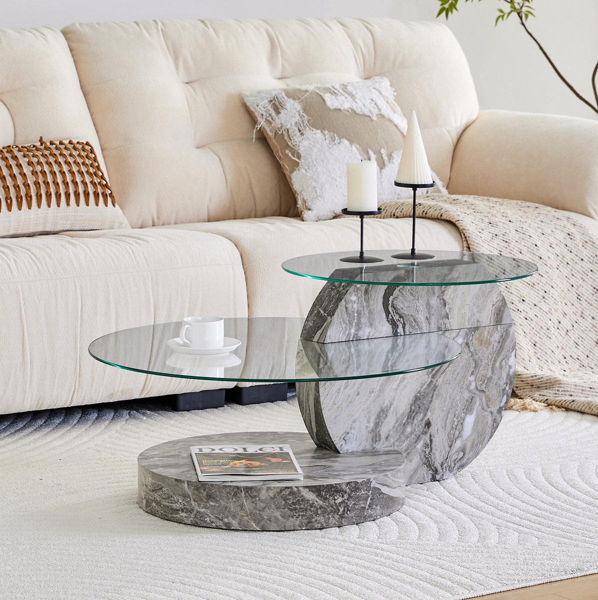 MODENUIT Salontafel - Rond Zweelaags Veilig Glas - Woonkamer - MDF En Grijs Marmerlook - 90x70x44 Cm