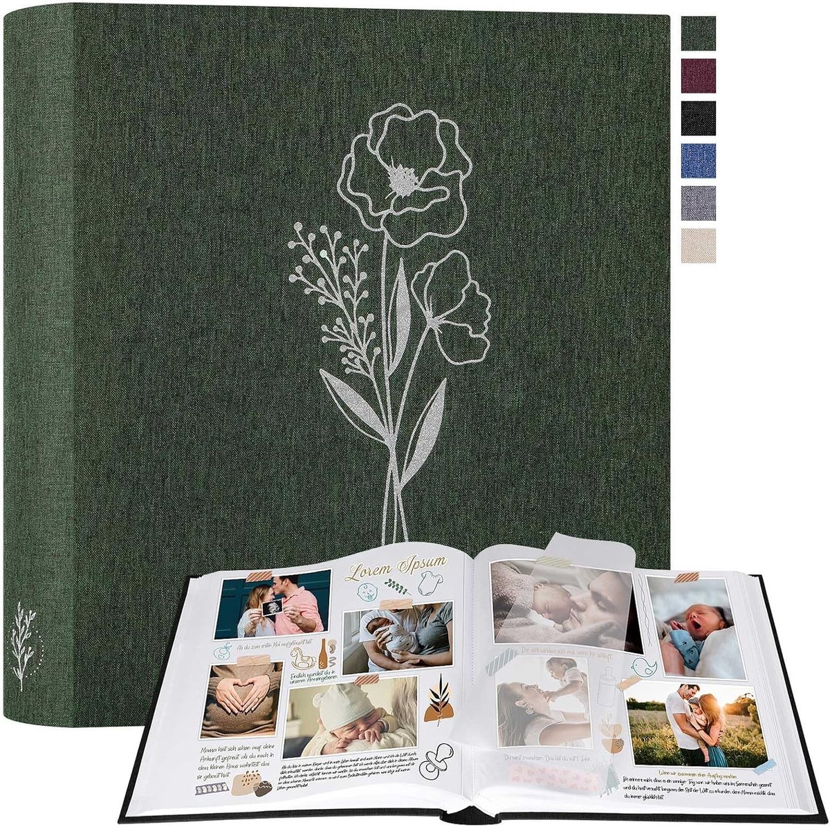 Groot Fotoalbum met Linnen Kaft, Zuurvrij en 100 Witte Pagina's, Ideaal voor Herinneringen en Scrapbooking (Groen, 30 x 33.5 cm)