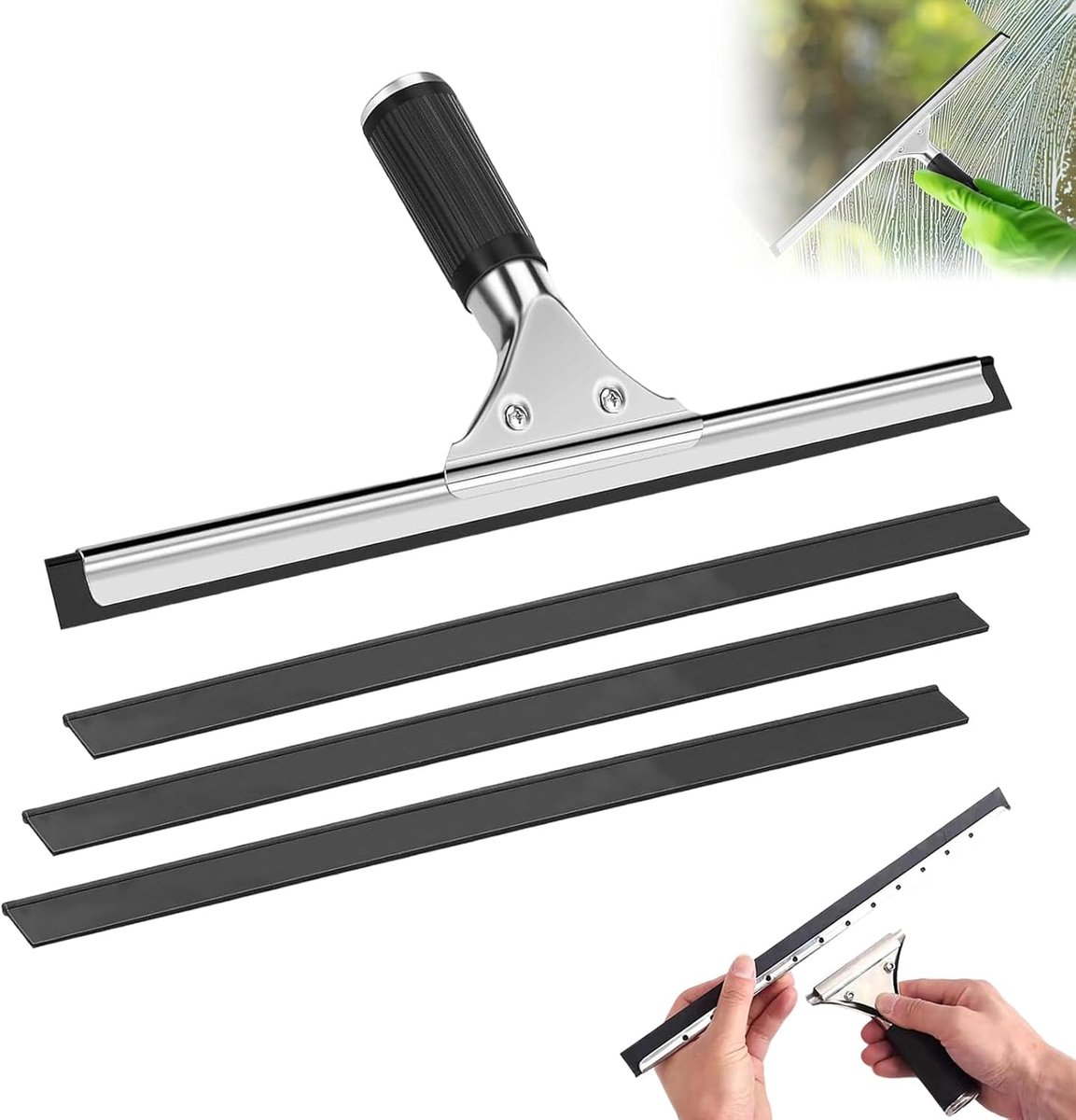 SnelShoppen - 30cm Profi Raamtrekker, RVS Raamwisser met 4 Vervangende Rubber Lippen, Vensterreiniger voor Glas, Tegels, Douche, Badkamer, Spiegel, Do