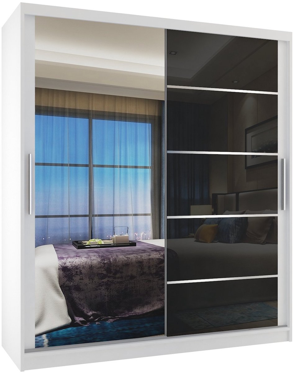 BELINI Verona MGB Schuifdeurkast 133 cm Wit/Zwart Hoogglans - Kledingkast met Spiegel - Comfort Line Hoogglans