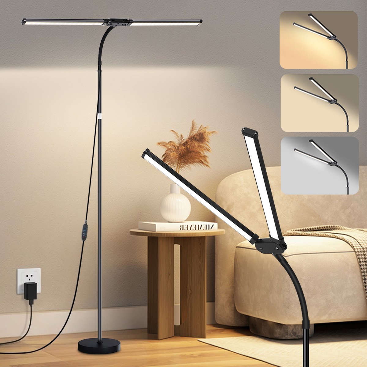 Lapamx LED Vloerlamp met 2-kops –Dubbele Staande lamp met Hoogte Verstelbaar- Dimbare & 360° Flexibele Zwanenhals-3 Lichtkleuren & 10 Helderheidsstanden –hoeklamp led staand Voor Woonkamer, Slaapkamer, Kantoor en Werkbank – Zwart