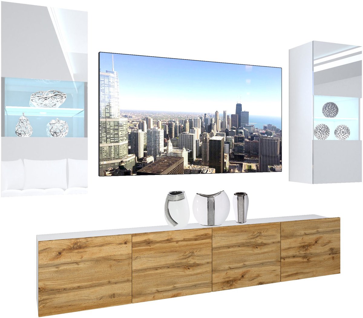 BELINI Wandmeubel NEX 7 - TV-Wandkast Set met LED-Verlichting Wit / Wotan Eiken - Hoogglan