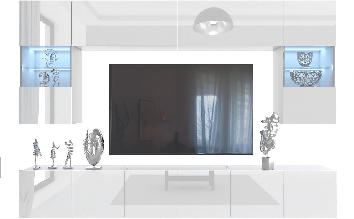 BELINI Wandmeubel Milano 1 300 cm Wit Hoogglans - TV-Wand Greeploos - Moderne Woonwand met Gasliftsysteem - Modulair TV-Meubel