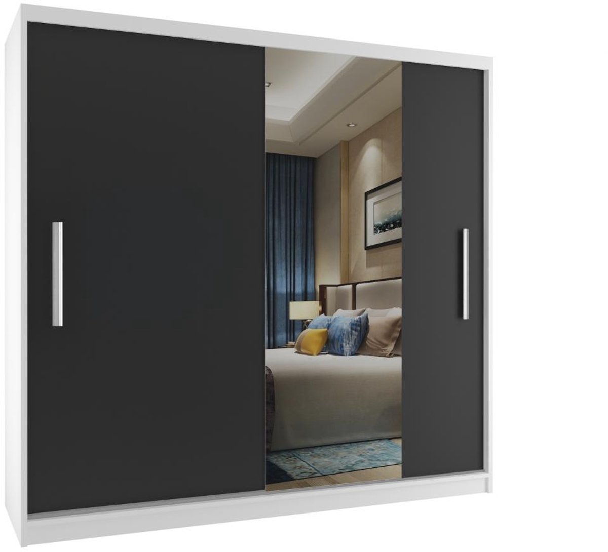 BELINI Verona MSE Schuifdeurkast 200 cm Wit/Zwart Mat - Kledingkast met Spiegel - Comfort Line Slaapkamerkast