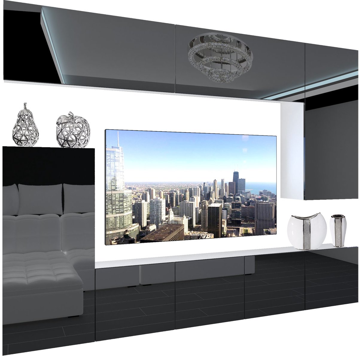 BELINI Wandmeubel NEX 8 - TV-Wandkast Set met LED-Verlichting Zwart - Hoogglans Fronten