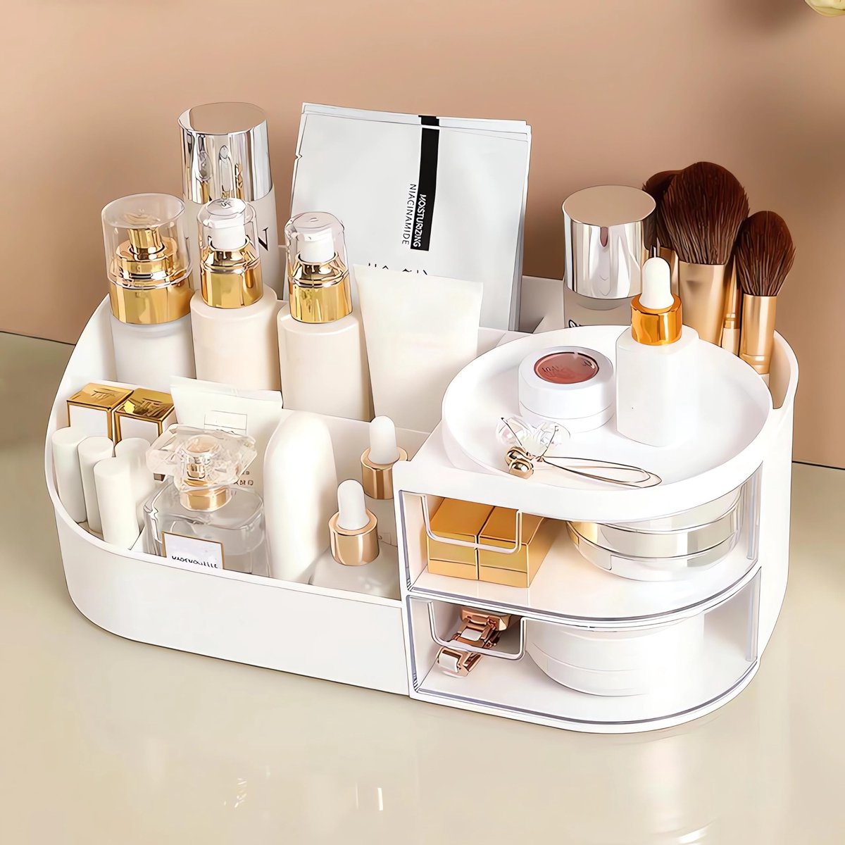 Make-up Organizer met Lade - Cosmetica Opbergdoos met Transparante Laden - Bureau Organizer voor Make-up, Sieraden en Skincare - 28,5 x 16 x 10,5 cm - Wit