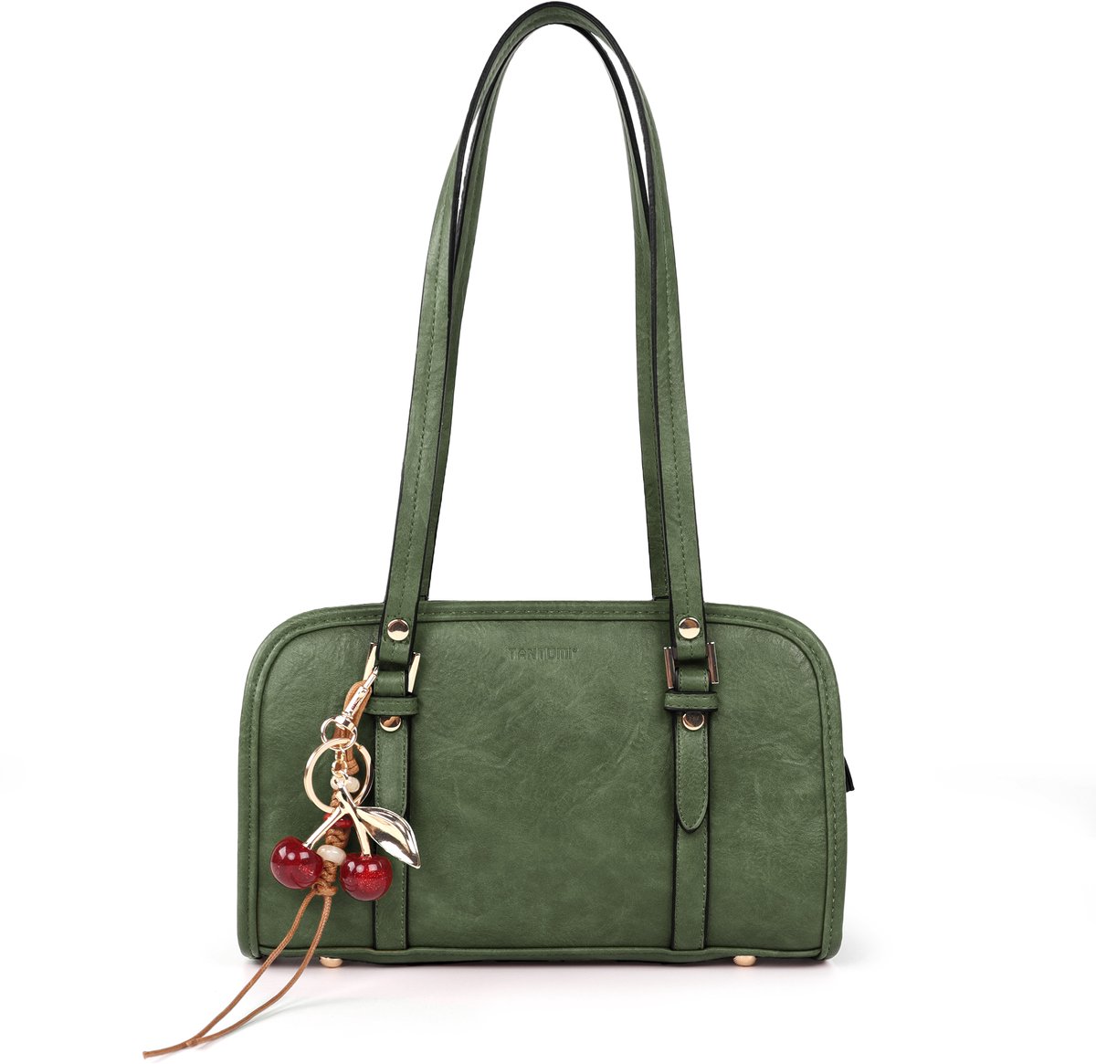 TANTOMI - Dames Handtassen - Elegante schoudertas - met kersenhanger - Handtas Dames klein - Boston tas - voor afspraakjes, dagelijks gebruik en winkelen - Donkergroen