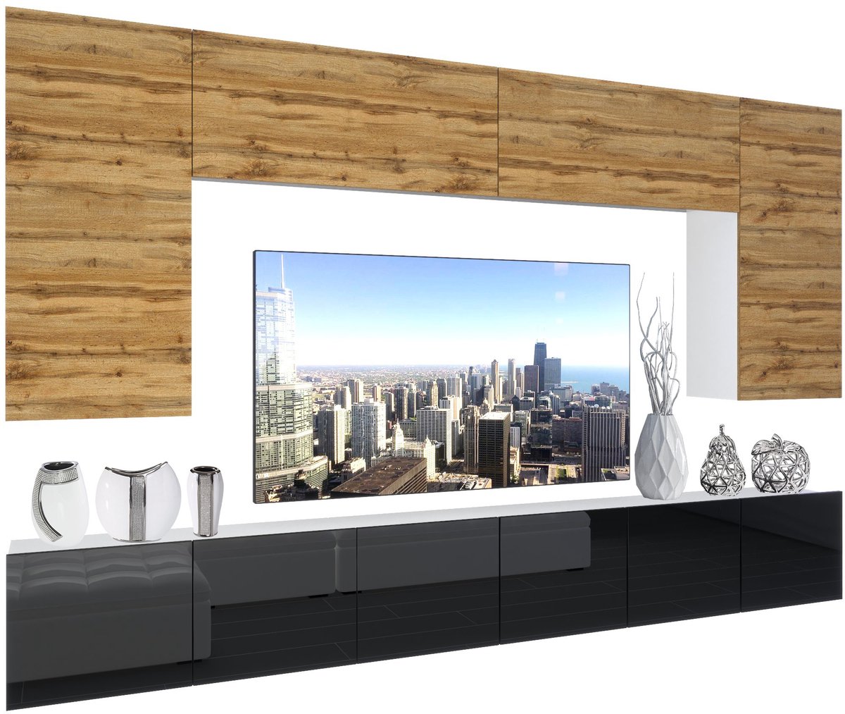 BELINI Wandmeubel NEX 2 - TV-Wandkast Set met LED-Verlichting Wotan Eiken / Zwart - Hoogglans Fronten