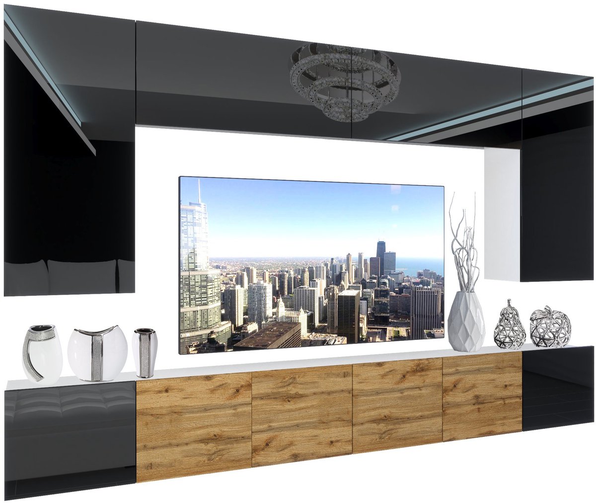 BELINI Wandmeubel NEX 2 - TV-Wandkast Set met LED-Verlichting Zwart / Wotan Eiken - Hoogglans Fronten