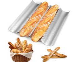 Baguette Bakvorm 4 Vakken - Golfvormige Broodvorm - Anti-aanbak Carbonstalen Bakplaat - Franse Baguette Vorm - Bakvorm voor Brood en Stokbrood - Zilver