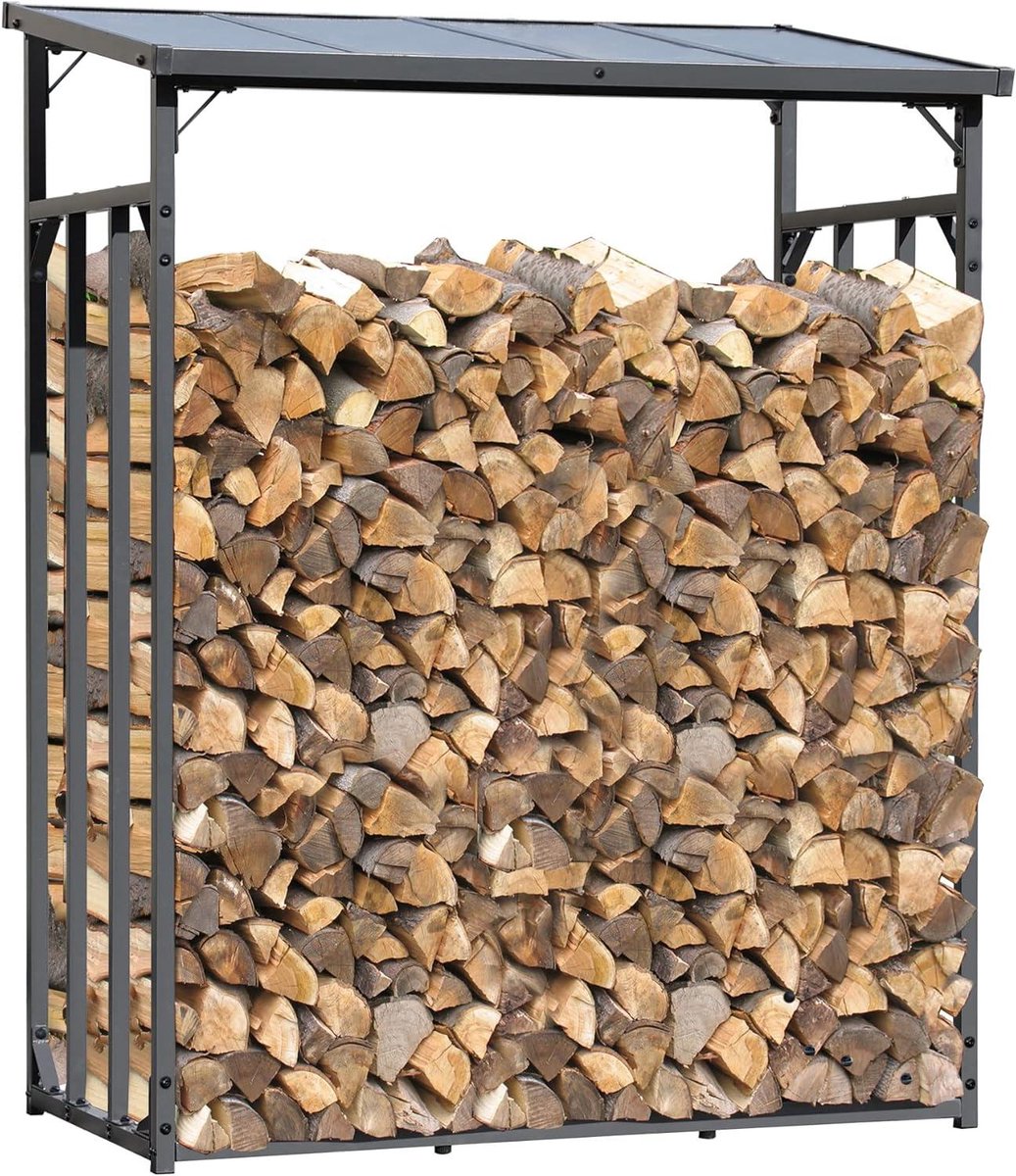 Brandhoutrek - Houtopslag - Buitenhaard - Weerbestendig dak - 143x70x185cm - Antraciet