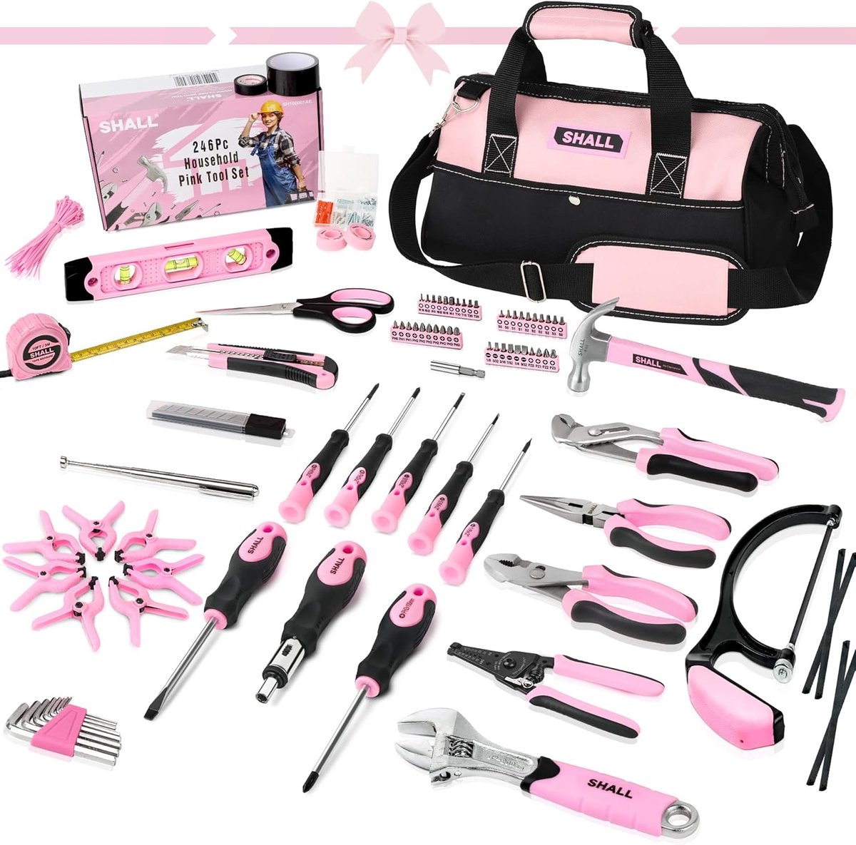 SnelShoppen - Roze Gereedschapsset 246-delig voor Dames, Handgereedschap met 14 Inch Gereedschapstas, Complete Huishoudelijke Toolkit voor Klussen en