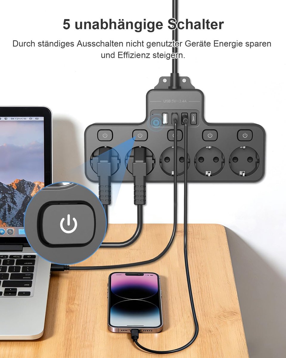 SnelShoppen - Stekkerdoos Schakelbaar met USB - 5-voudig Stopcontact met 2 USB C en 2 USB A-aansluitingen - Verlengkabel 2 m voor Thuis, Kantoor, Café