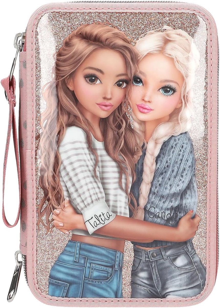 SnelShoppen - Gevulde Etui met 3 Vakken Roze - TOPModel Motief, Stippenpatroon, Glitter, Inclusief Kleurpotloden, Schaar, Liniaal voor Kinderen, Schoo