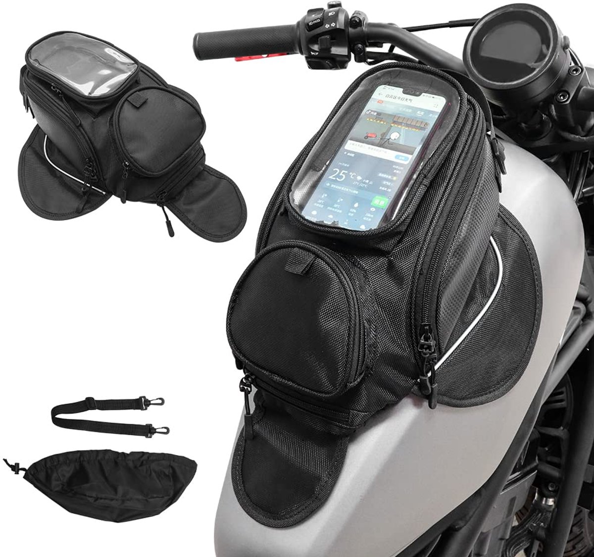 SnelShoppen - Universele tankrugzak voor motorfiets met sterke magnetische bevestiging, waterdichte motortas voor mobiele telefoon en drinkfles, ideaa
