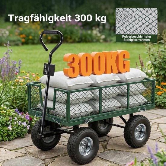 Bolderkar Tuinkar - Trekkar Transportwagen - Zware Lasten Vervoeren - Afneembaar Binnenzeil - 300 kg Laadvermogen - Groen van Bolderkar — afbeelding 2
