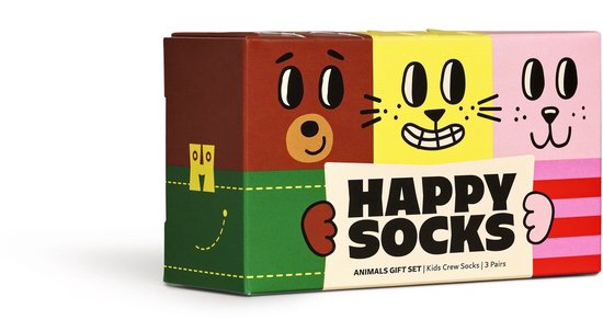 Happy Socks dieren giftbox met drie paar kindersokken: beer, kat en konijn.