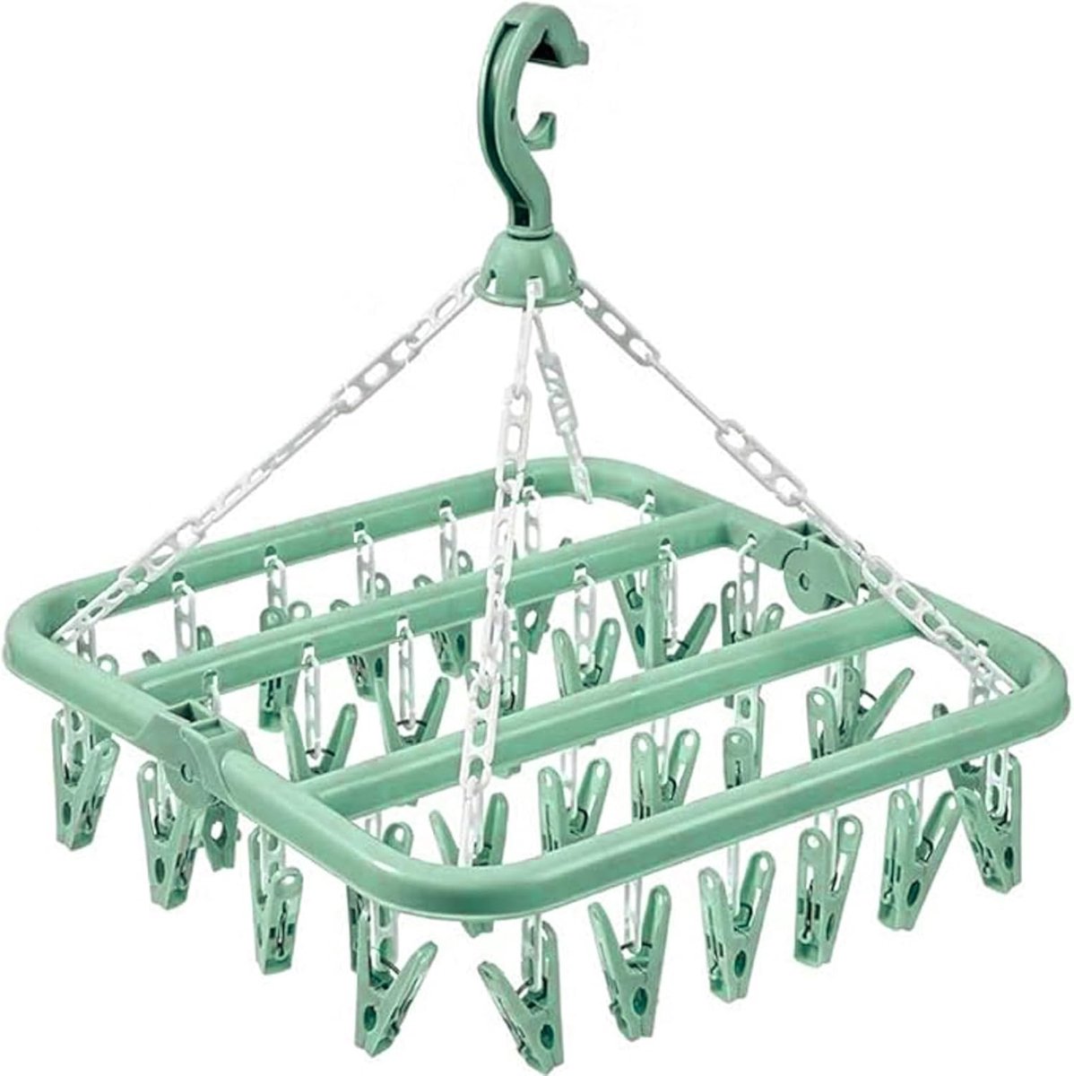 SnelShoppen - Kleding Drooghanger met 32 Clips en Opvouwbare Druiprek - Multifunctioneel voor Sokken, Handdoeken, Babykleding, Ondergoed - Lichtgroen,