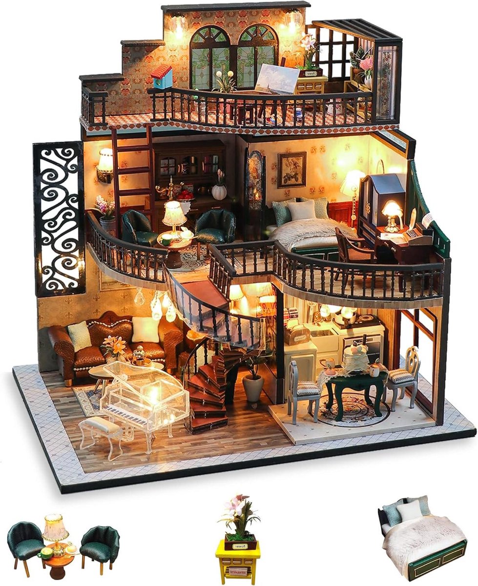 Miniatuur poppenhuis - Doe-het-zelf kit - Creatief hobby - Met LED verlichting - 24 x 17 x 23.5 cm