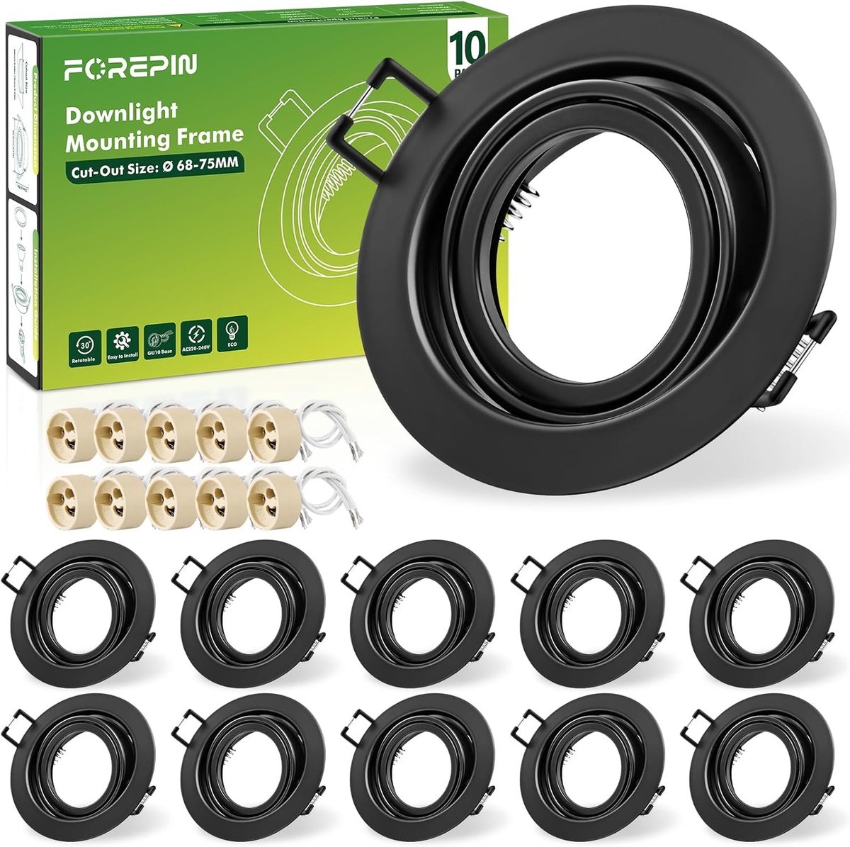 Set van 10 inbouw LED spotlights Ø68mm met GU10 fitting, draaibaar design voor sfeervolle verlichting in plafonds en wanden