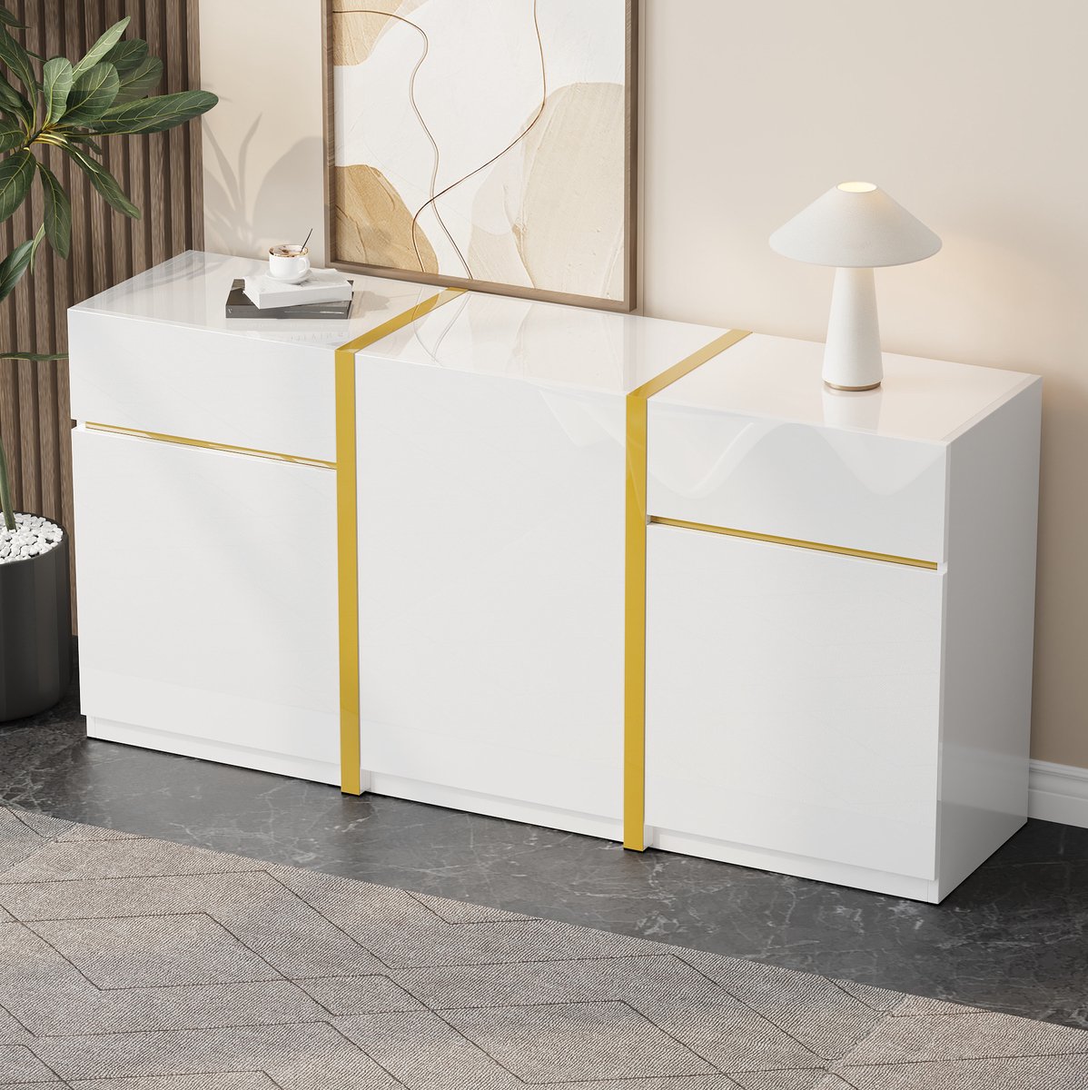 COVREO Dressoir 160x40x78 cm wit, MDF en spaanplaat met 3 deuren 2 laden