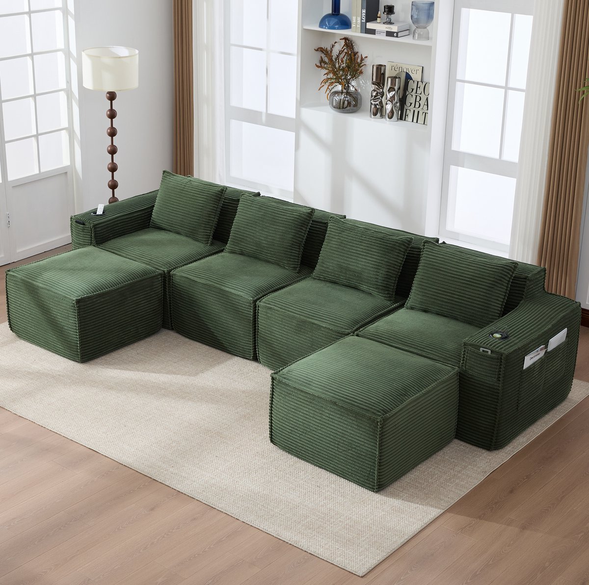 OKWISH Bank Set 330 x 162 cm - Modulair 4-Zits Sofa Met 2 Hockers, Bekerhouders En Zijvakken - Woonkamer - Corduroy - Groen